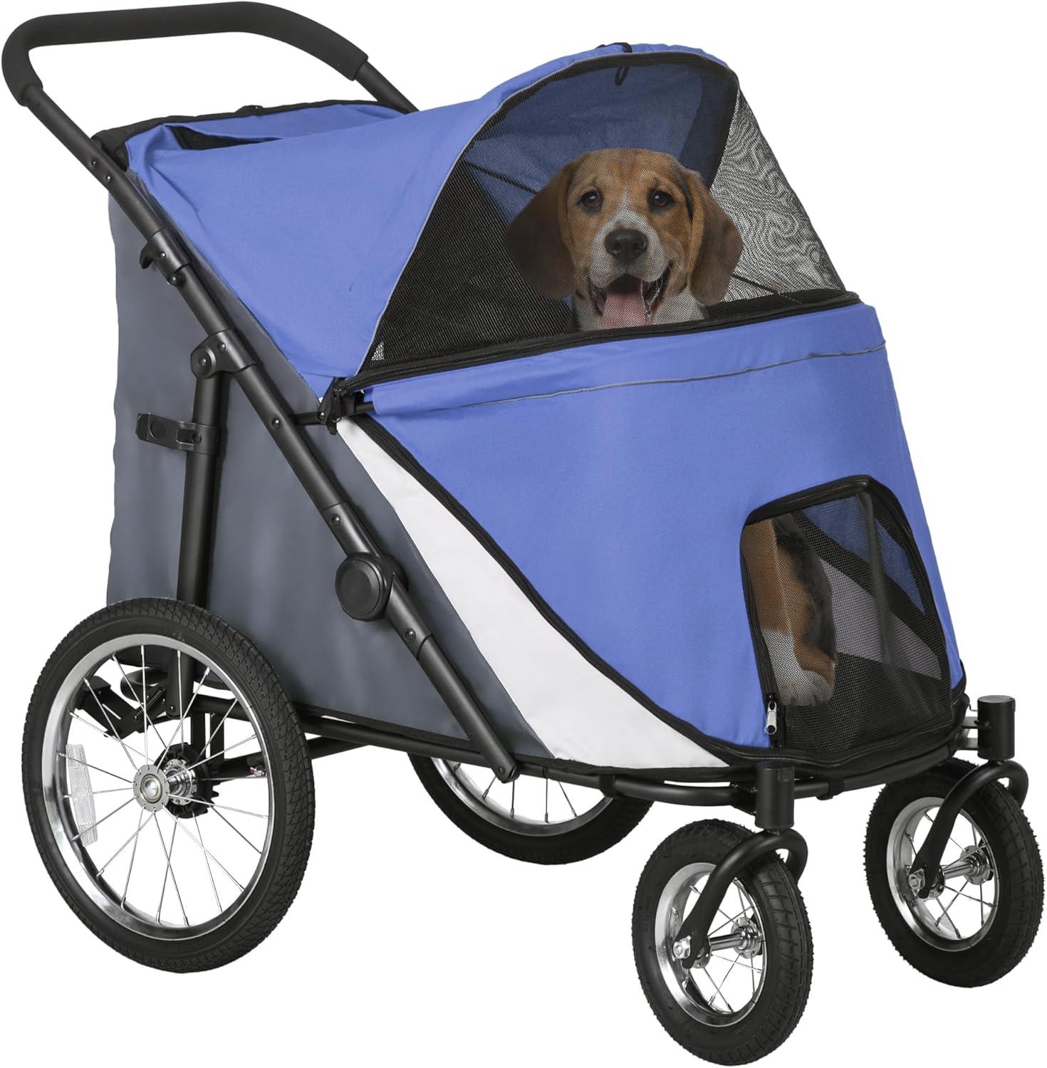 Blue Foldable Pet Stroller with Mesh Canopy and Cushion