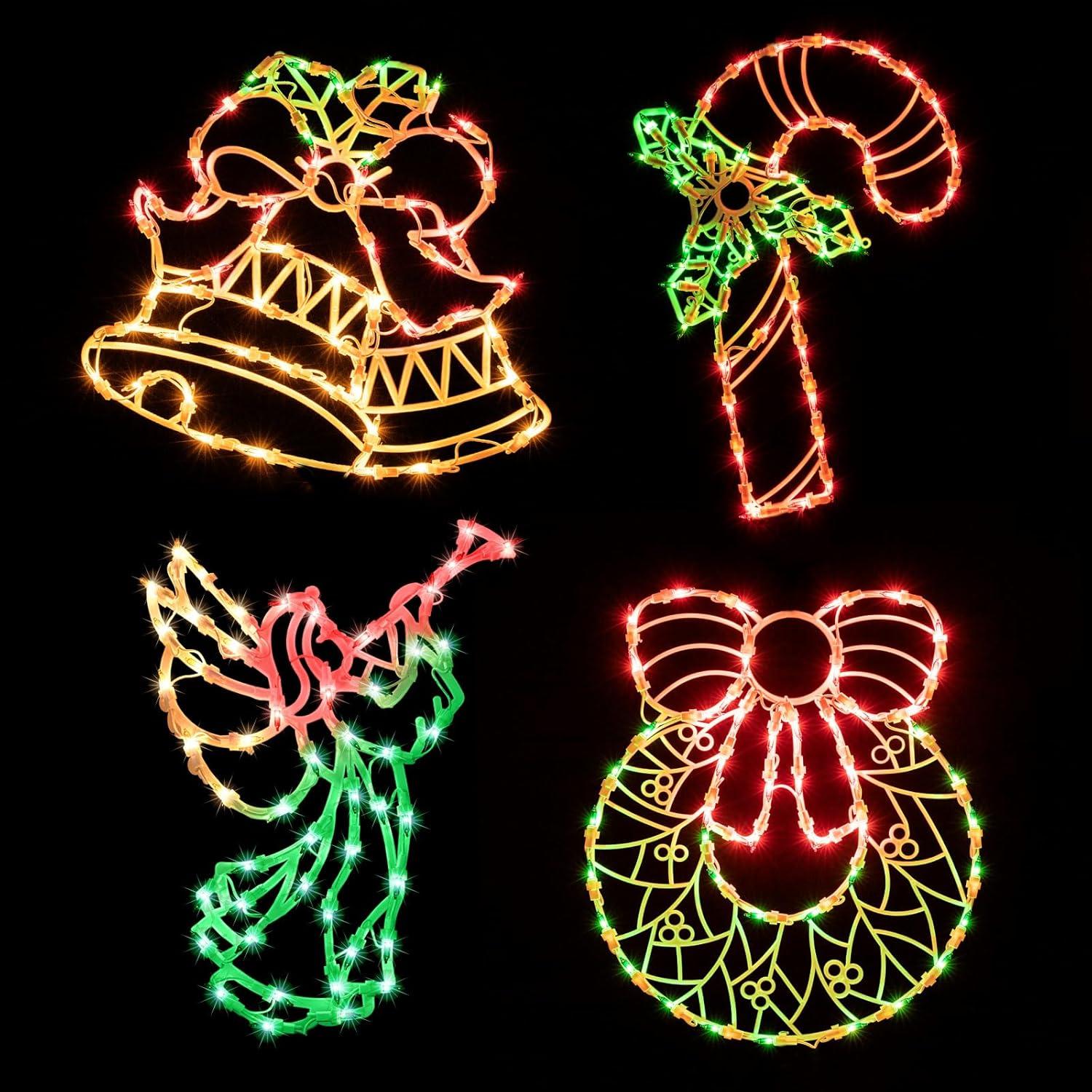 Christmas Window Silhouette Lights Decorations - Pack of 4 Sign Colour Lighted Wreath, Candy Cane, Bell, and Angel for Holiday Indoor Wall Door Glass Decor