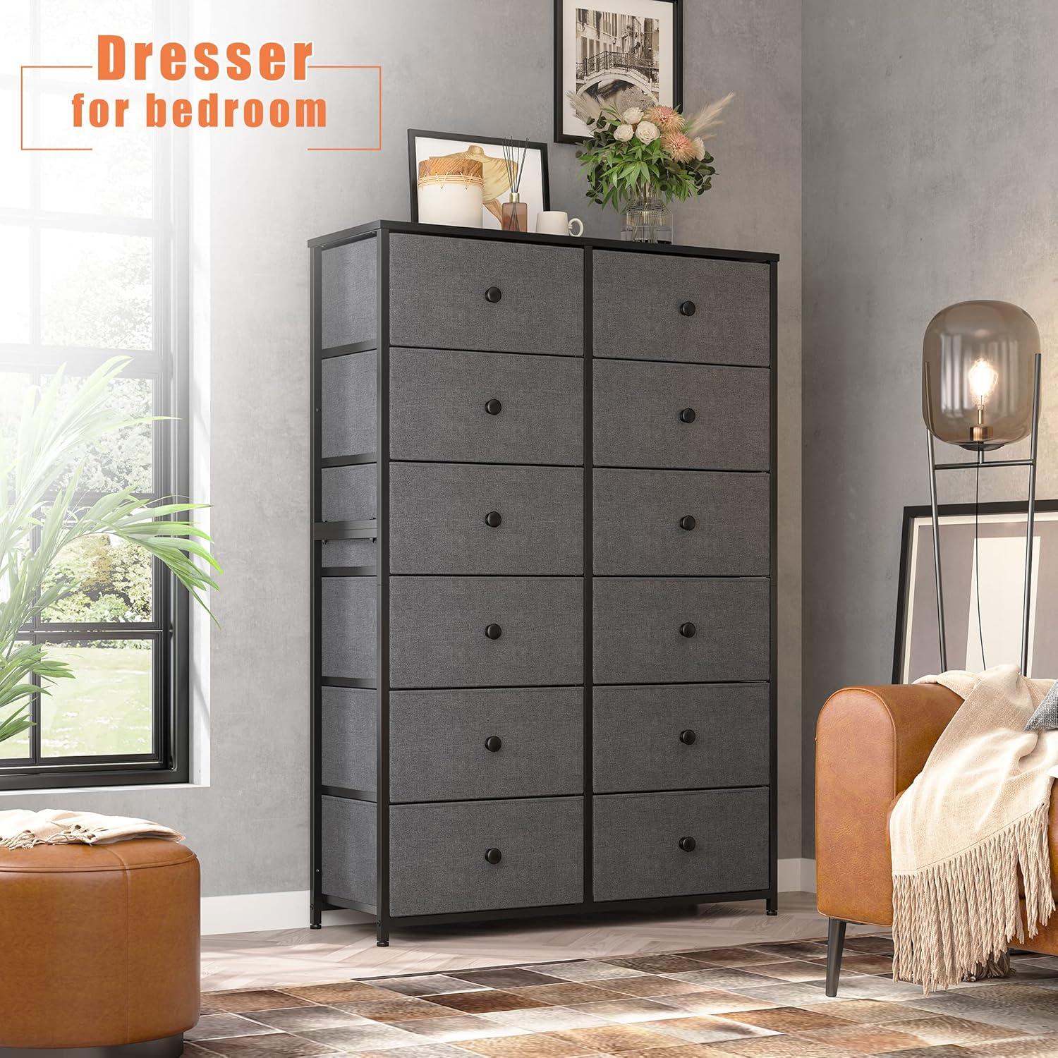 TiaGOC Dresser for Bedroom with 12 Drawers, Large Tall Dressers for Bedroom with Wooden Top and Metal Frame, Bedroom Dresser Dressers & Chests of Drawers Clearance, 40.6" W x 11.8" D x 43.7" H, Gray