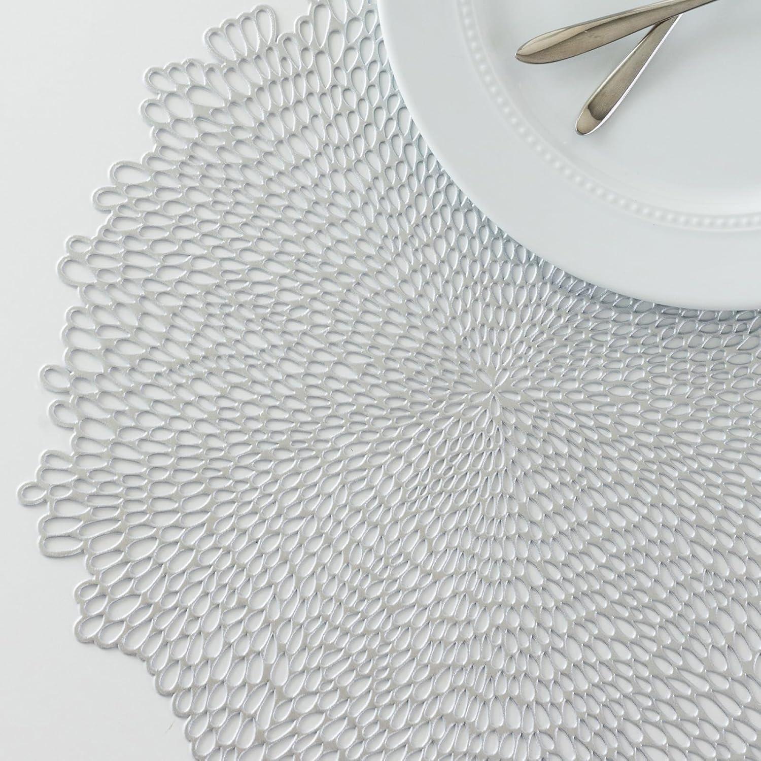 Benson Mills Bloom Pressed Vinyl Placemat Set of 4, Kitchen and Dining Table Mats, Special Occasion, Wedding, Everyday, Holiday Table Décor (15.5" Round, Set of 4, Silver)