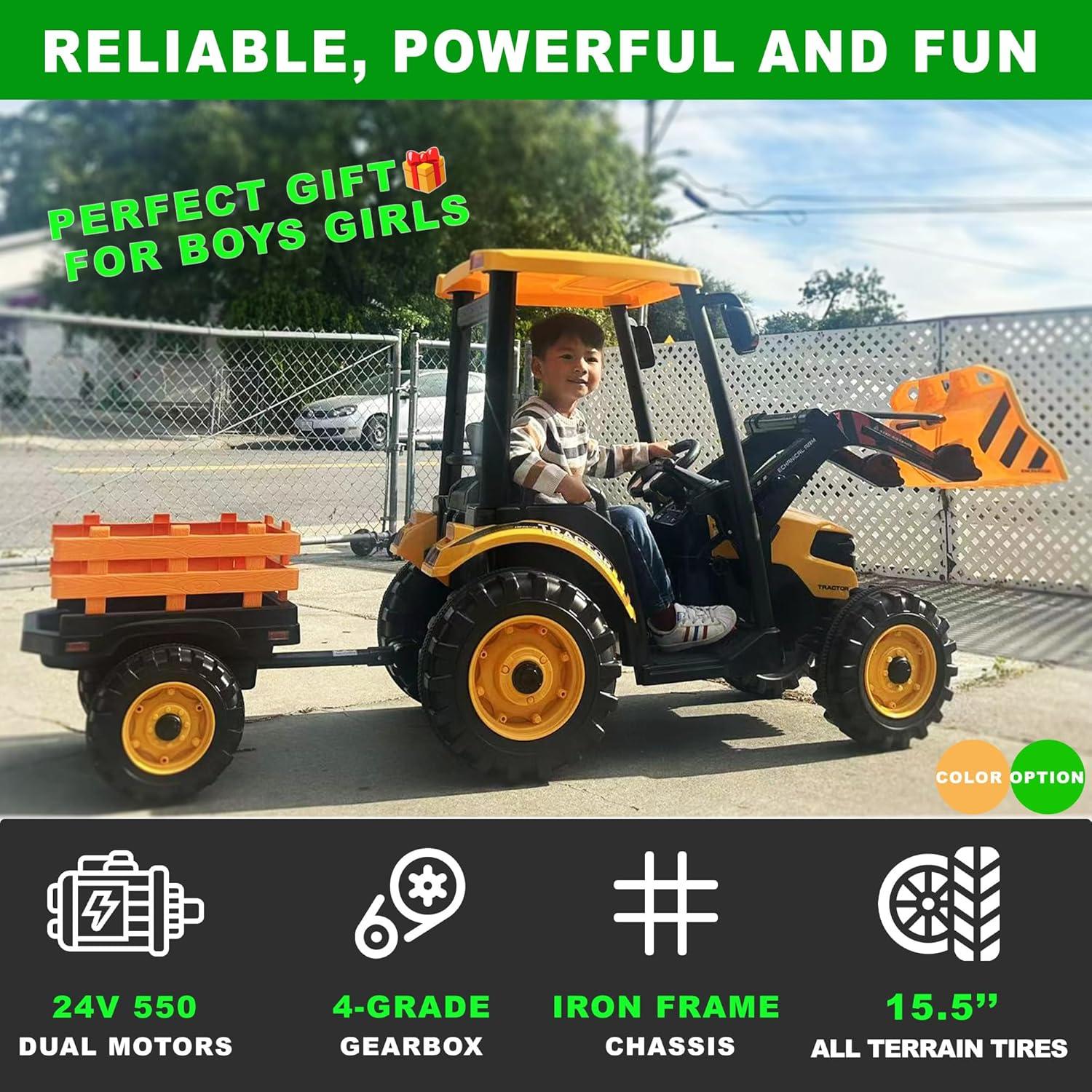 24V Green Kids Ride-On Tractor with Trailer and Loader