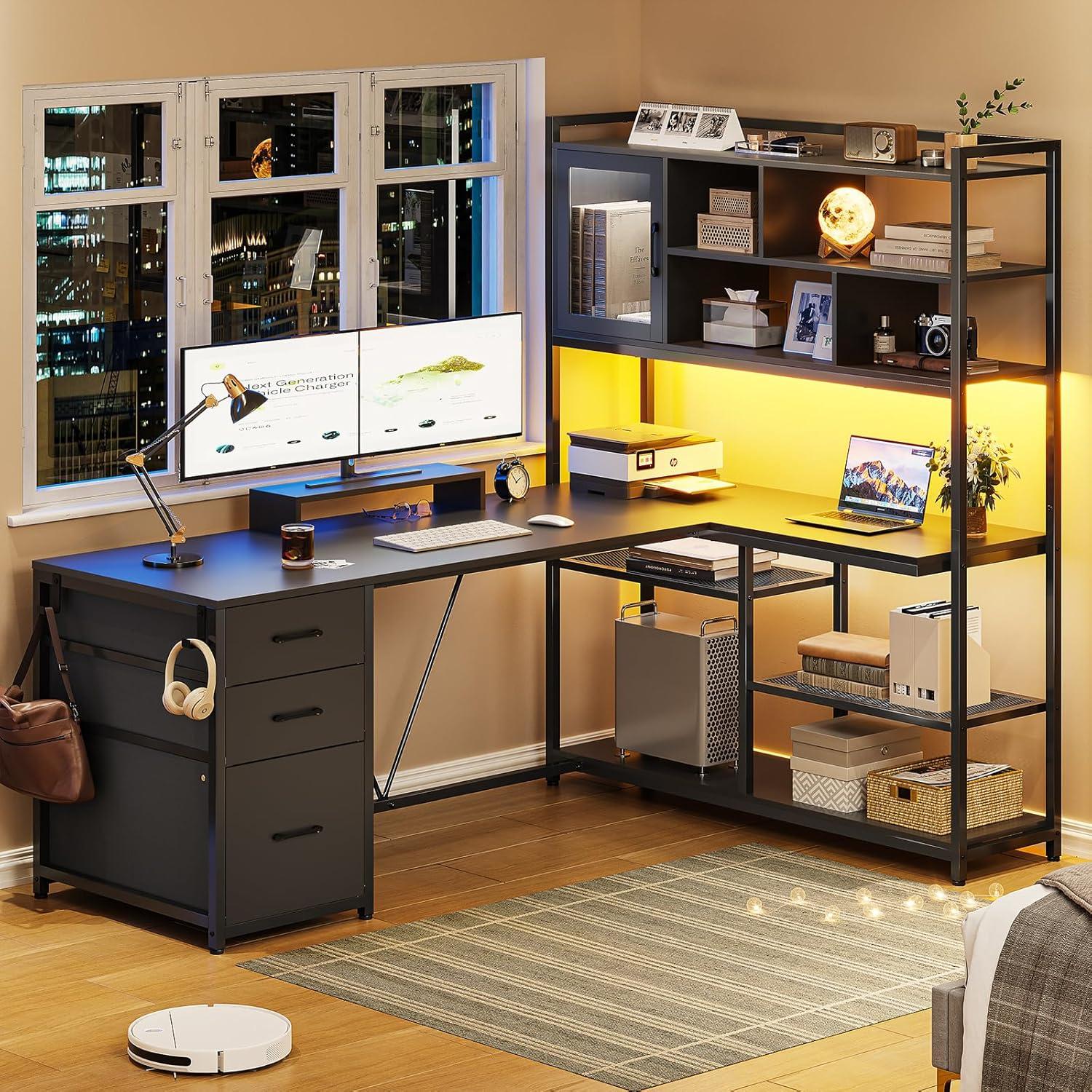 Black L-Shaped Computer Desk with Drawers and Shelves