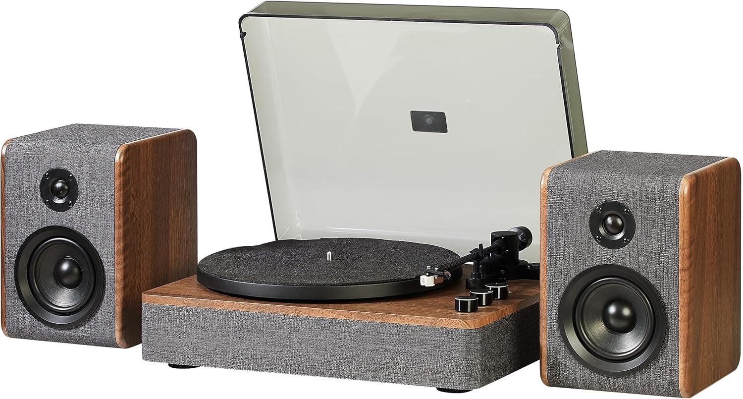 Charcoal and Brown Bluetooth Record Player with Speakers