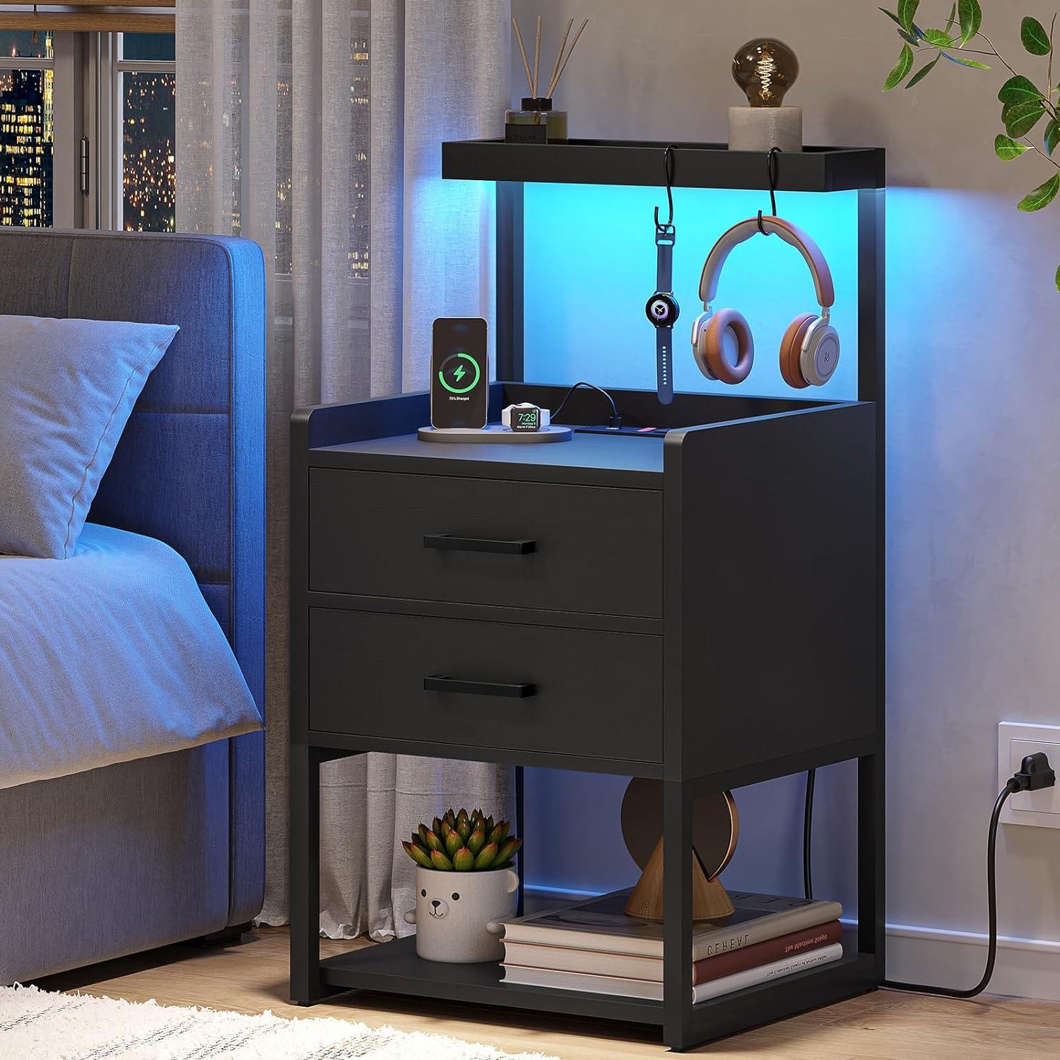 Black LED Nightstand with Charging Station and Fabric-Wood Drawers