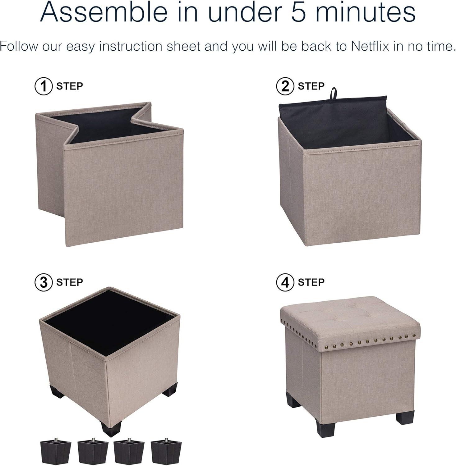 Nathan James Payton Foldable Cube Storage Ottoman Footrest and Seat with Beige Fabric