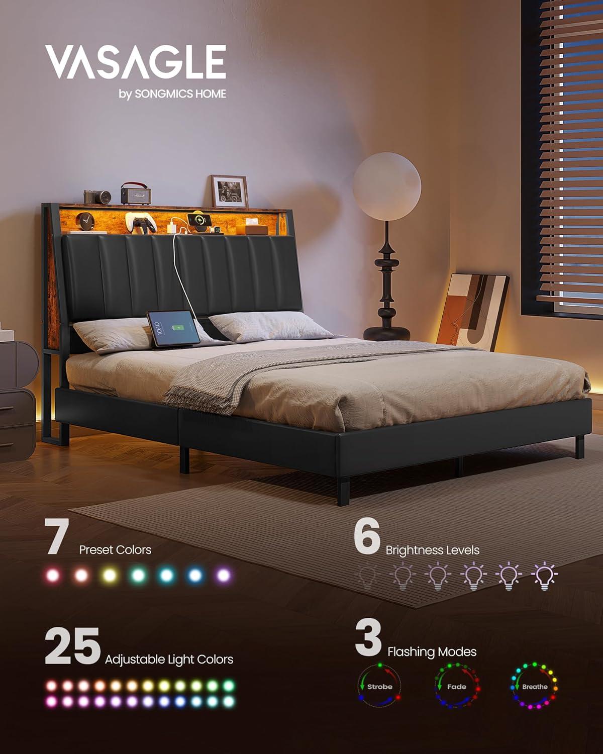 Full Size Black and Brown Upholstered Metal Bed Frame with LED Headboard