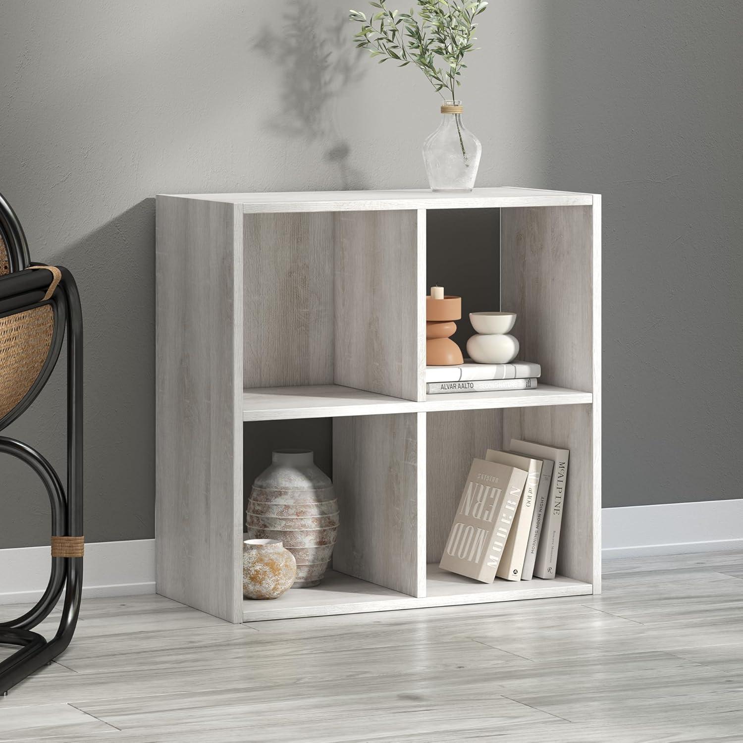 Signature Design by Ashley 23.82" Paxberry 4 Cube Organizer Whitewash: Modern Laminated Bookshelf, Storage Display