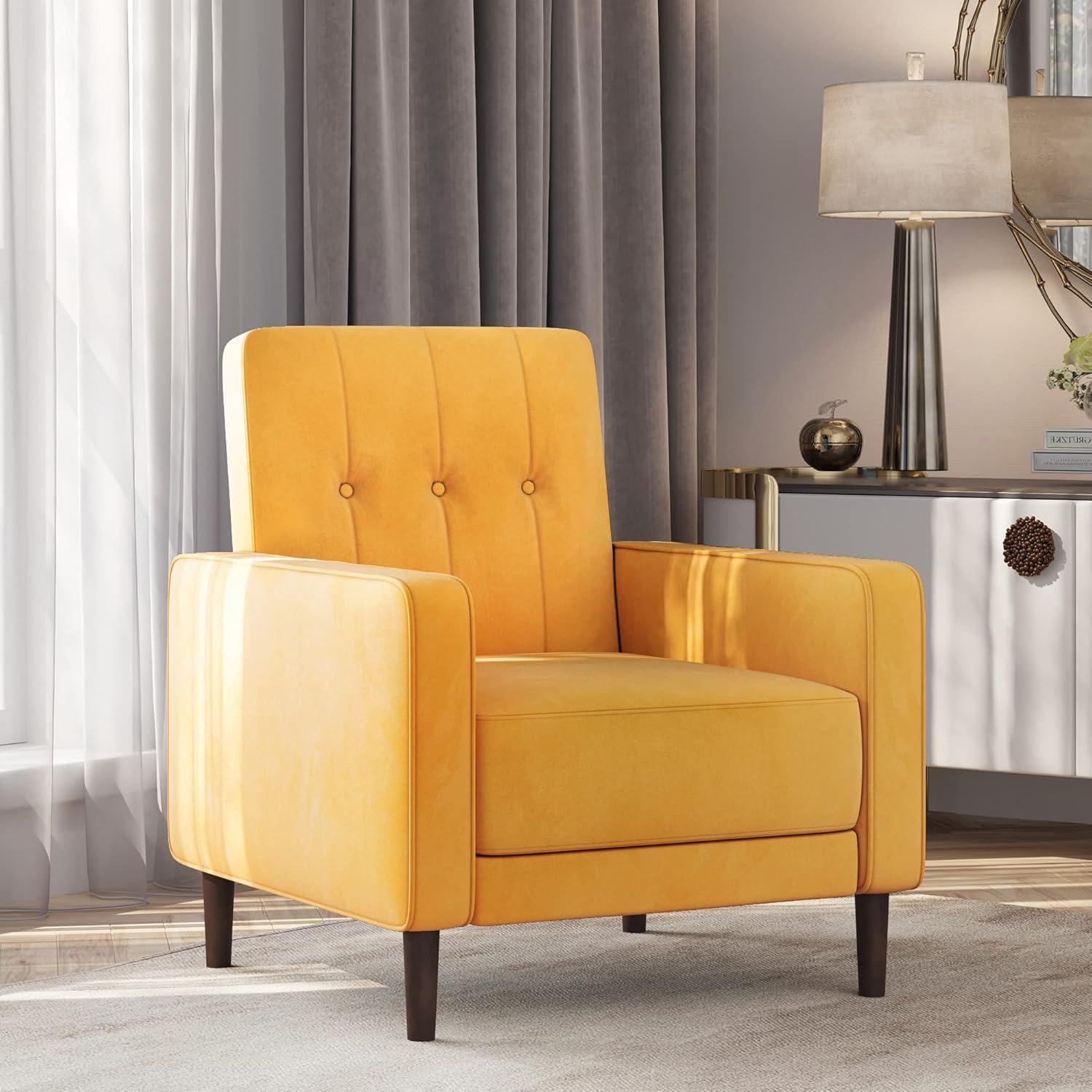 Yellow Velvet Tufted Mid-Century Modern Armchair with Wood Legs