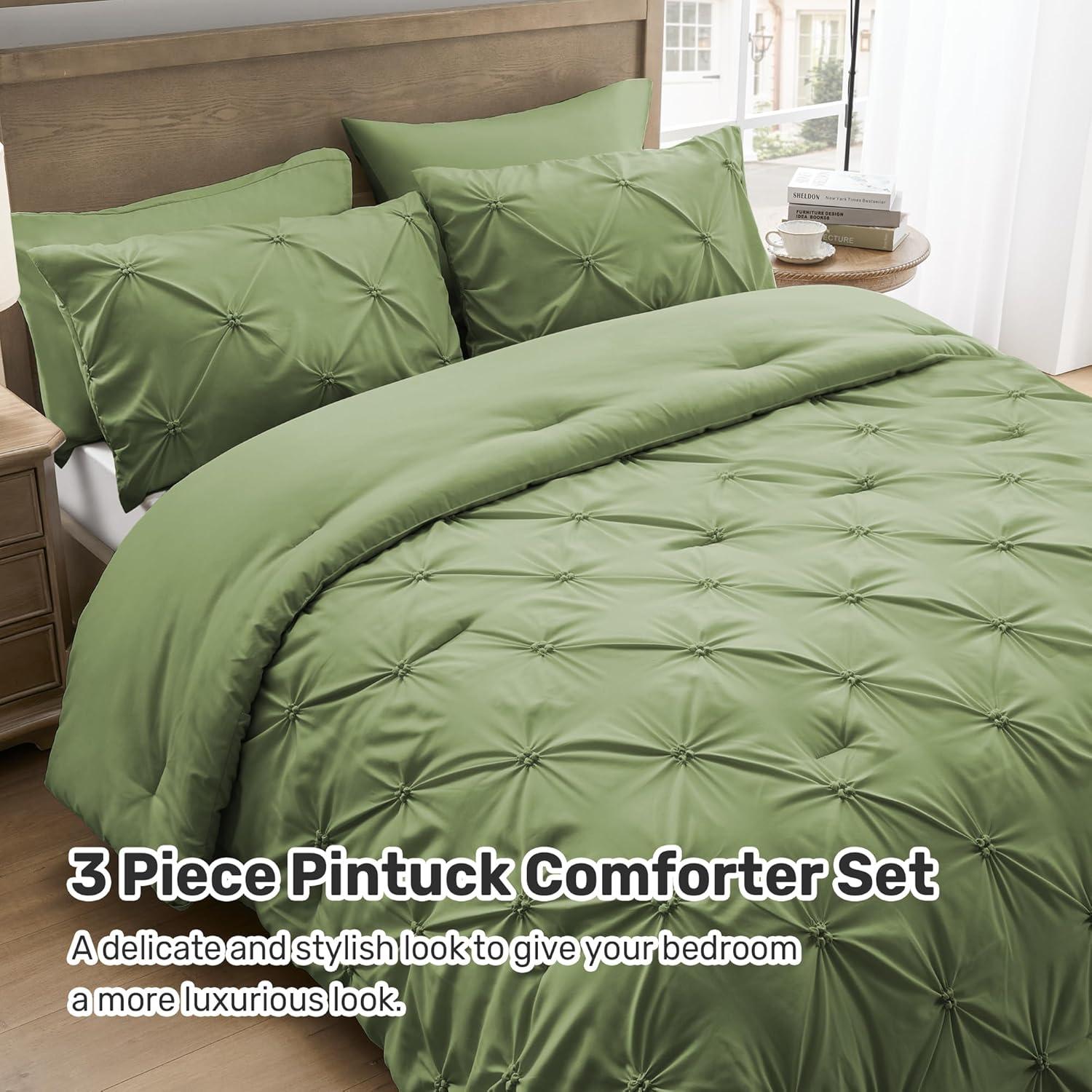 Peace Nest 3-Piece All Season Pinch Pleated Comforter Set, Olive, King