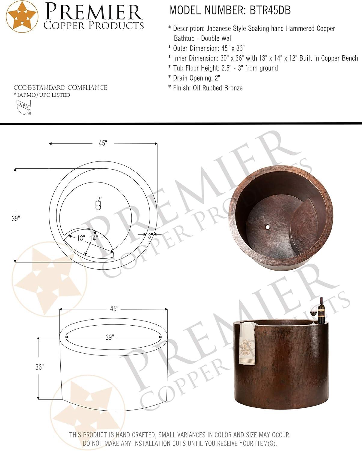 45" Hammered Copper Japanese Style Soaker Bathtub