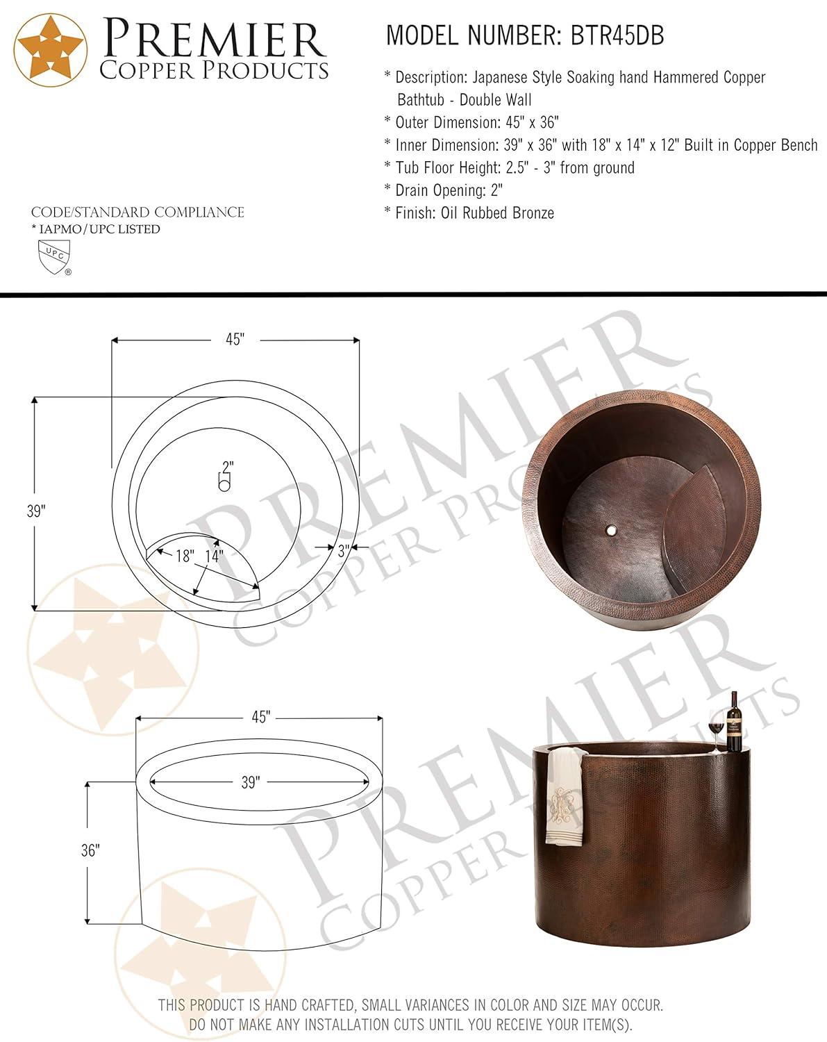 45" Hammered Copper Japanese Style Soaker Bathtub