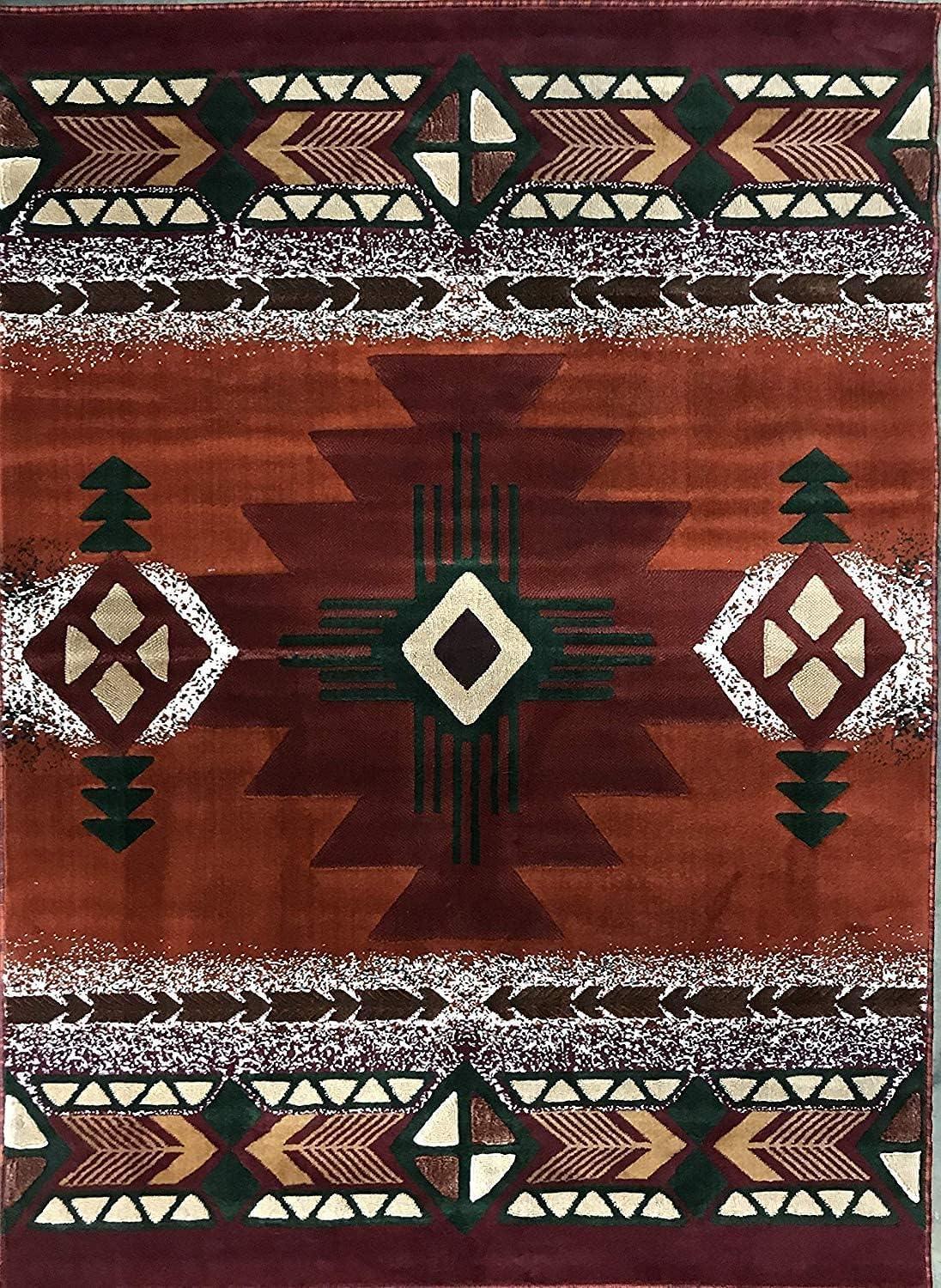 Rust and Green Geometric Synthetic 5' x 7' Area Rug