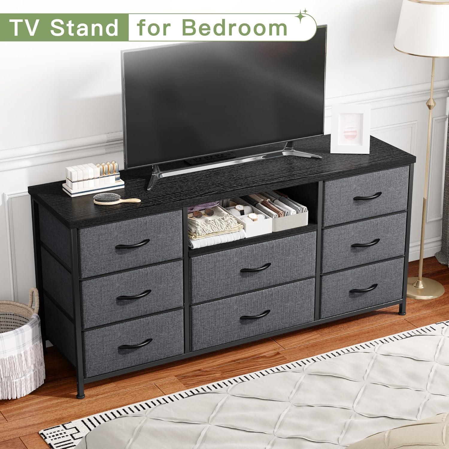 Lwory Dresser TV Stand with Power Outlet Entertainment Center with 8 Fabric Deep Drawers Media Console Table for 55" TV Wide Storage Drawer Dresser for Bedroom, Living Room, Entryway, Grey