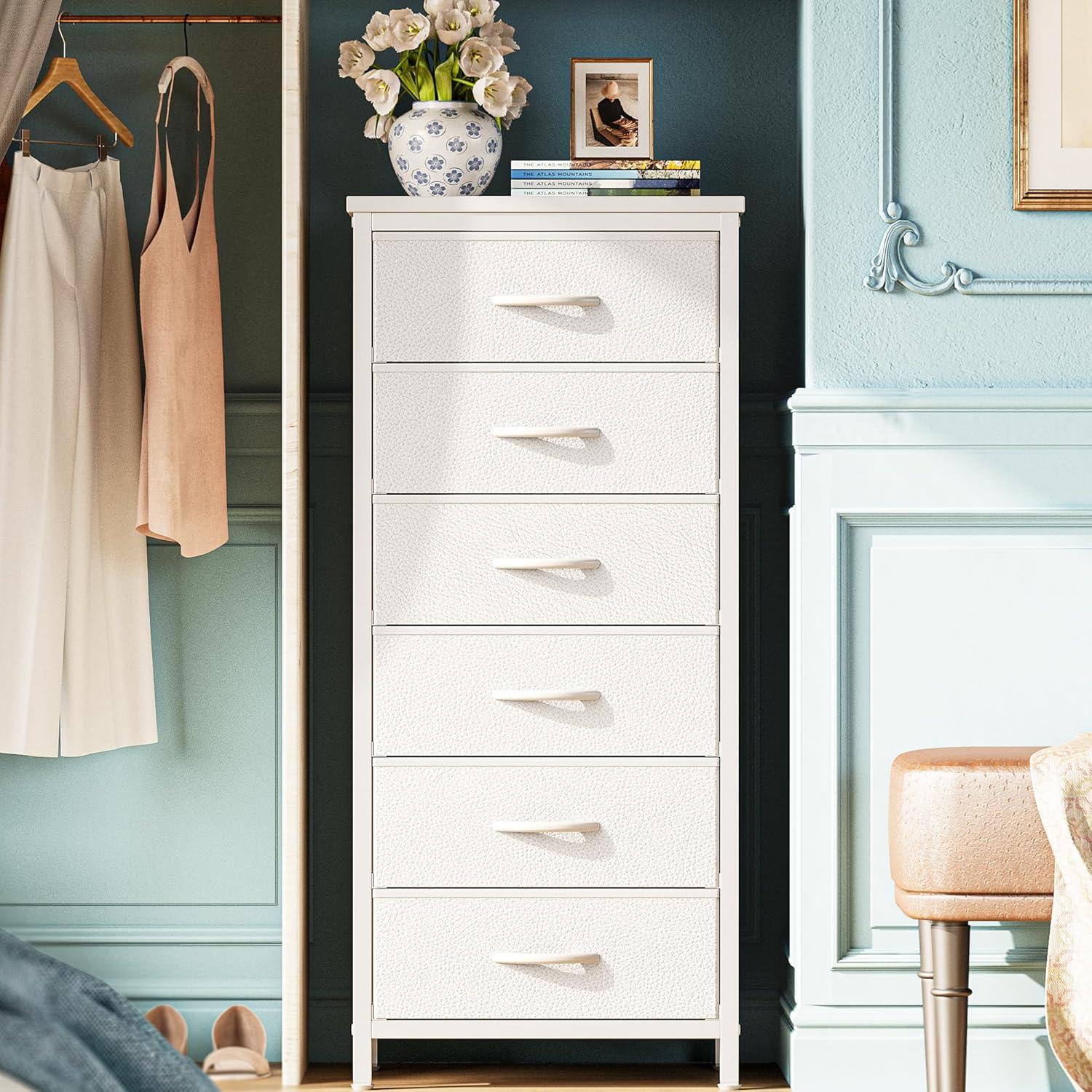 White Tall 6-Drawer Fabric Dresser with Metal Frame