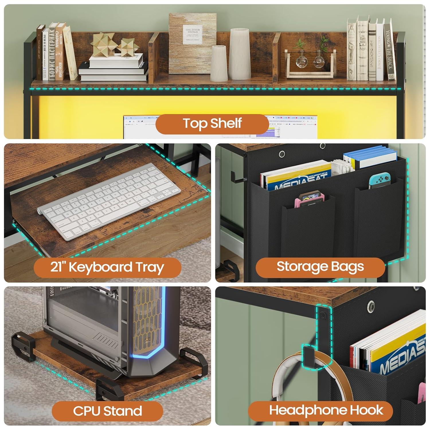 ADORNEVE Adult Collection Modern L-Shaped Power Outlet and LED Strip Desk, Rustic Brown