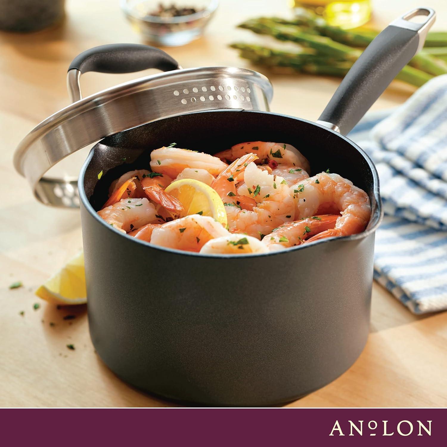 Anolon Advanced Home 2qt Covered Straining Saucepan Moonstone: Nonstick, Hard Anodized, Medium Sized, Gas & Electric Safe