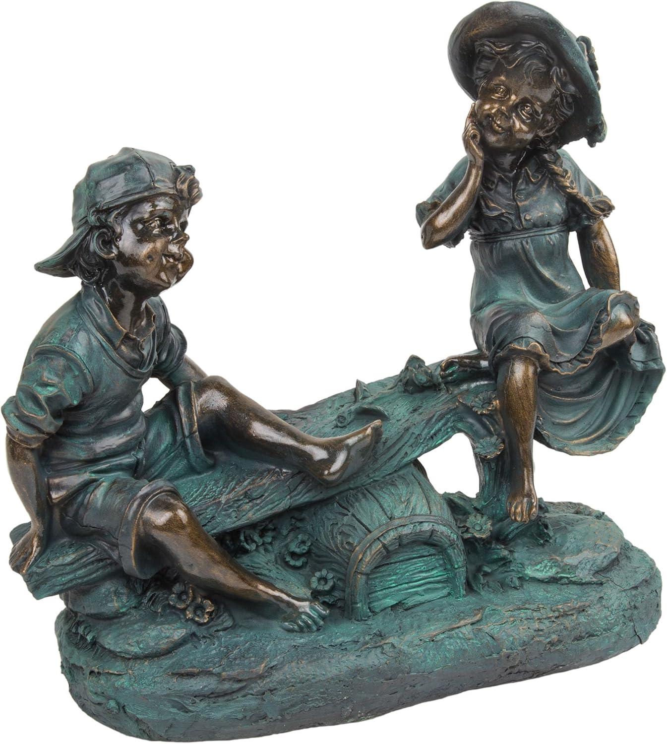 14" Indoor/Outdoor Girl and Boy Playing on Teeter Totter Statue Yard Décor Bronze - Alpine Corporation