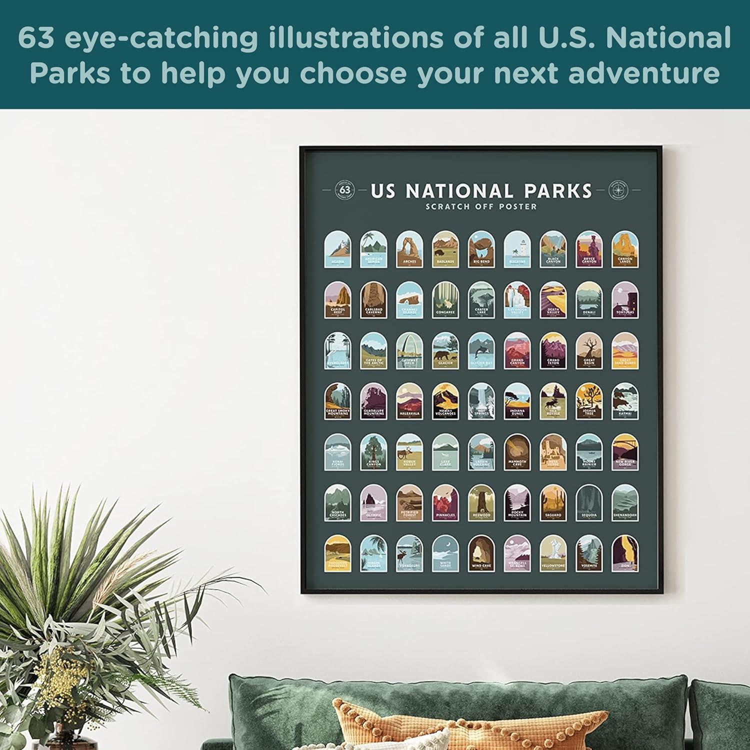 Enno Vatti US National Parks Scratch Off Poster - Map of 63 National Parks of the United States - Travel Bucket List - Gift for Travelers - Road Trip Adventure Checklist - Pop Chart - 16" x 20"