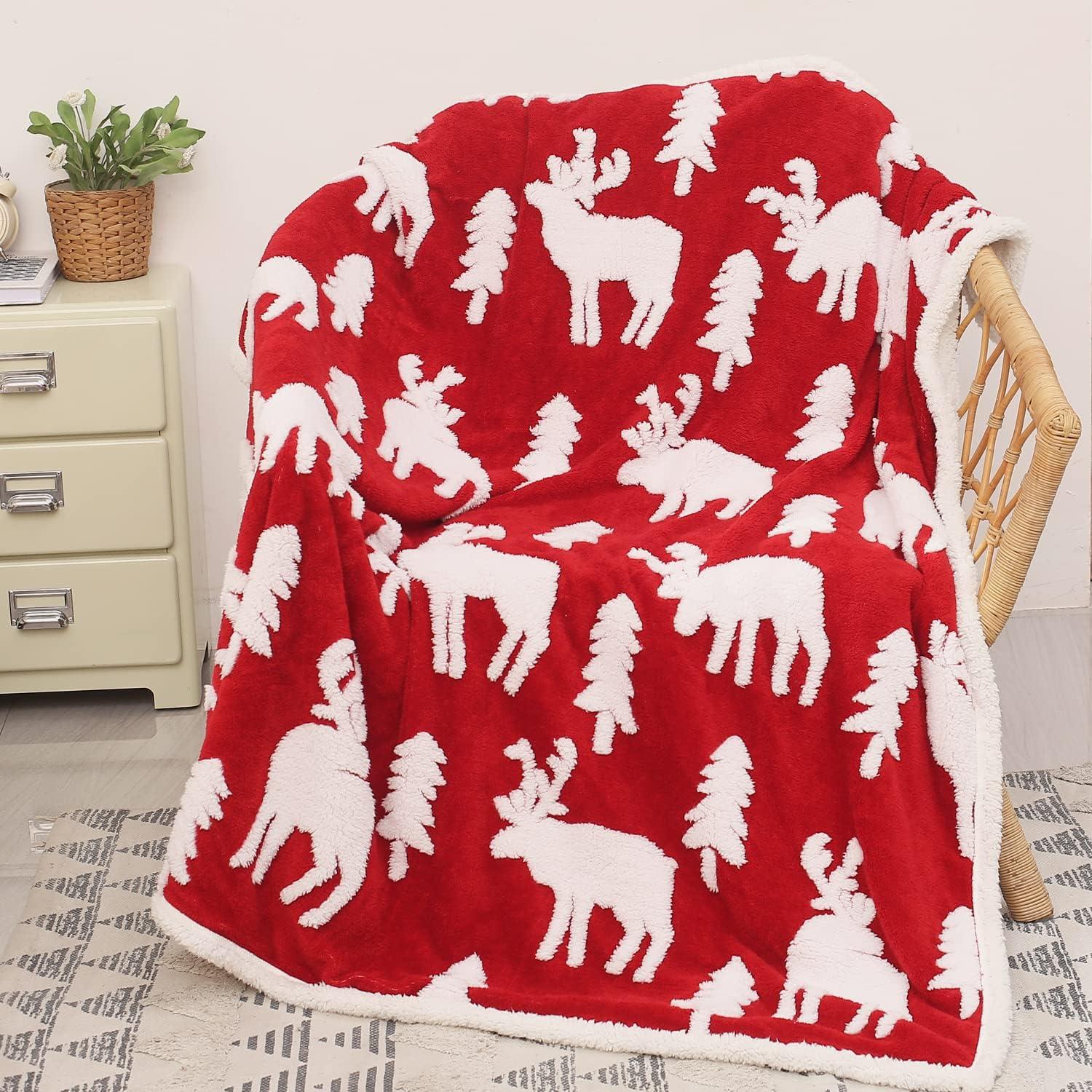 Red and White Reversible Christmas Sherpa Fleece Throw Blanket