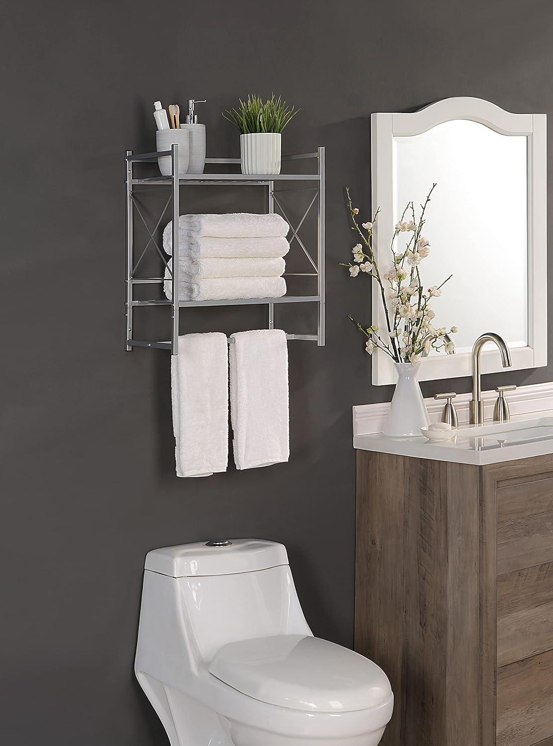 Silver Wall-Mounted 2-Tier Bathroom Shelf with Towel Bar