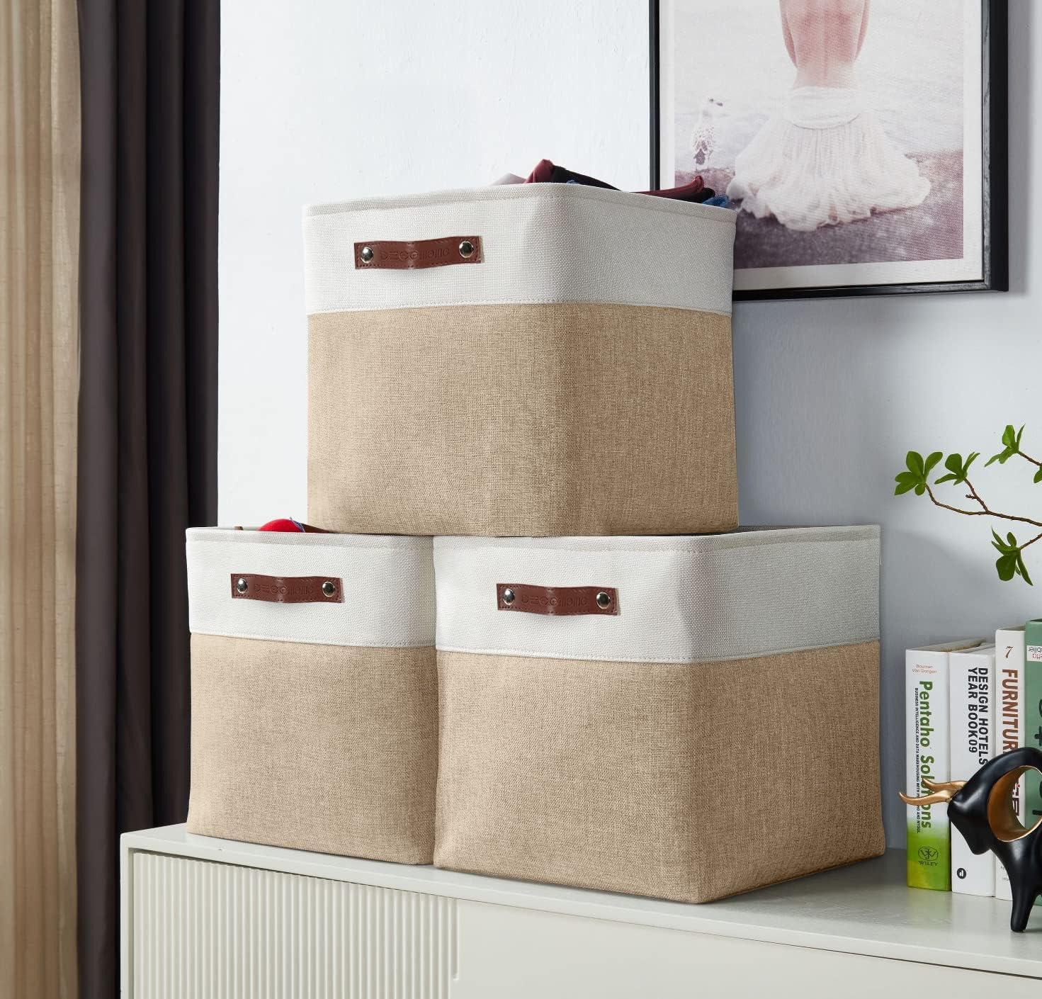 Beige and White Rectangular Fabric Storage Bins with Handles