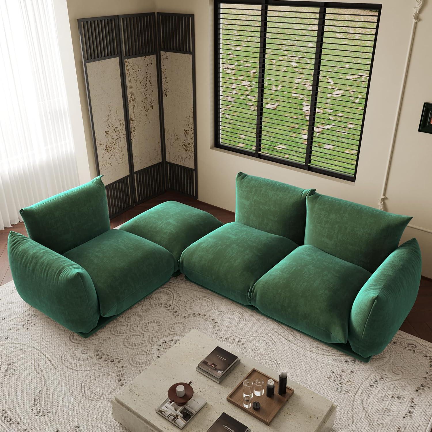 JACH Mid-Century Modern Comfy Couch, Chenille Sectional Sofa Modular Couches with Thick Cushion, 3 Seater 103" Plush Sofas Furniture for Living Room Bedroom Office Apartment, Green