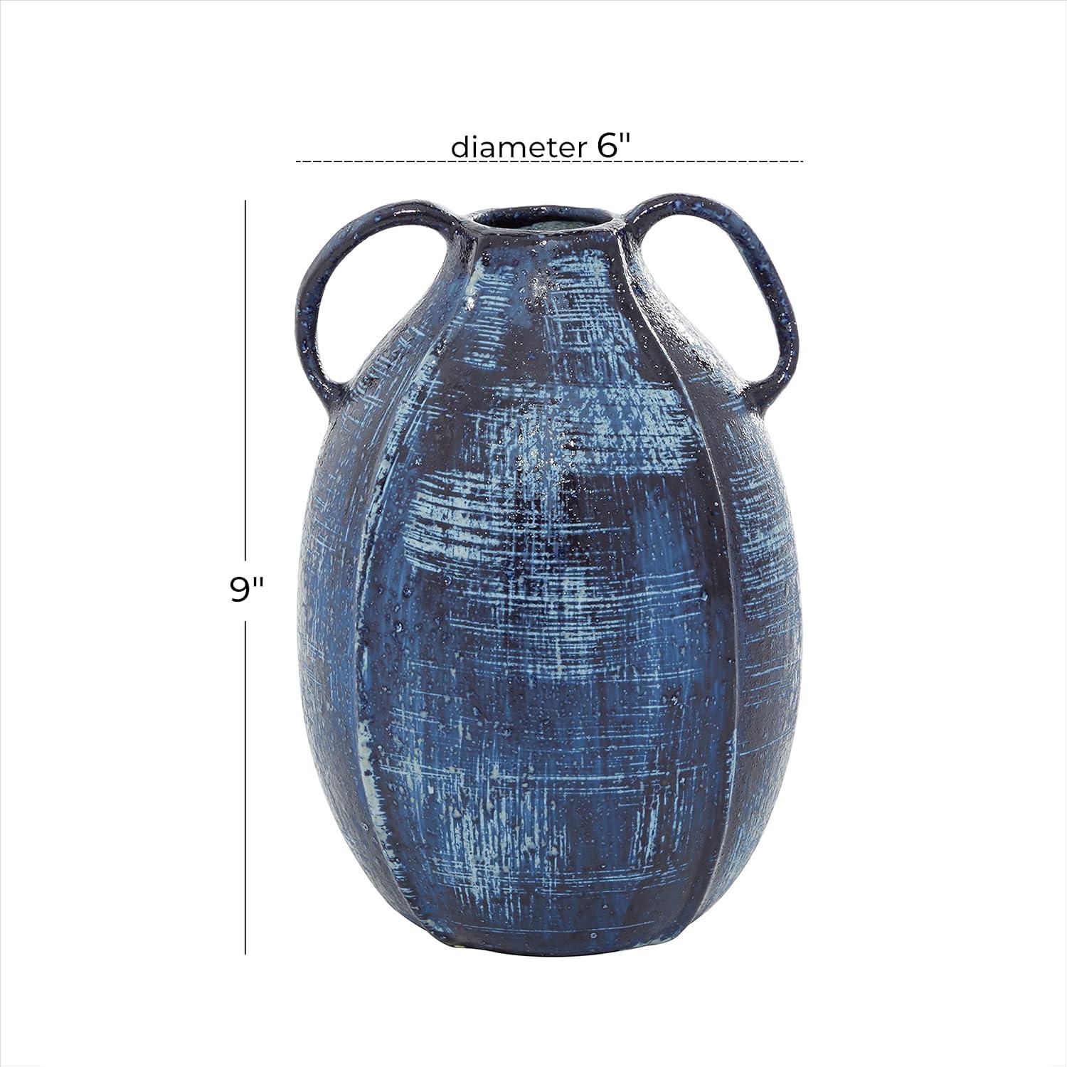 Blue Ceramic Round Table Vase with Handles