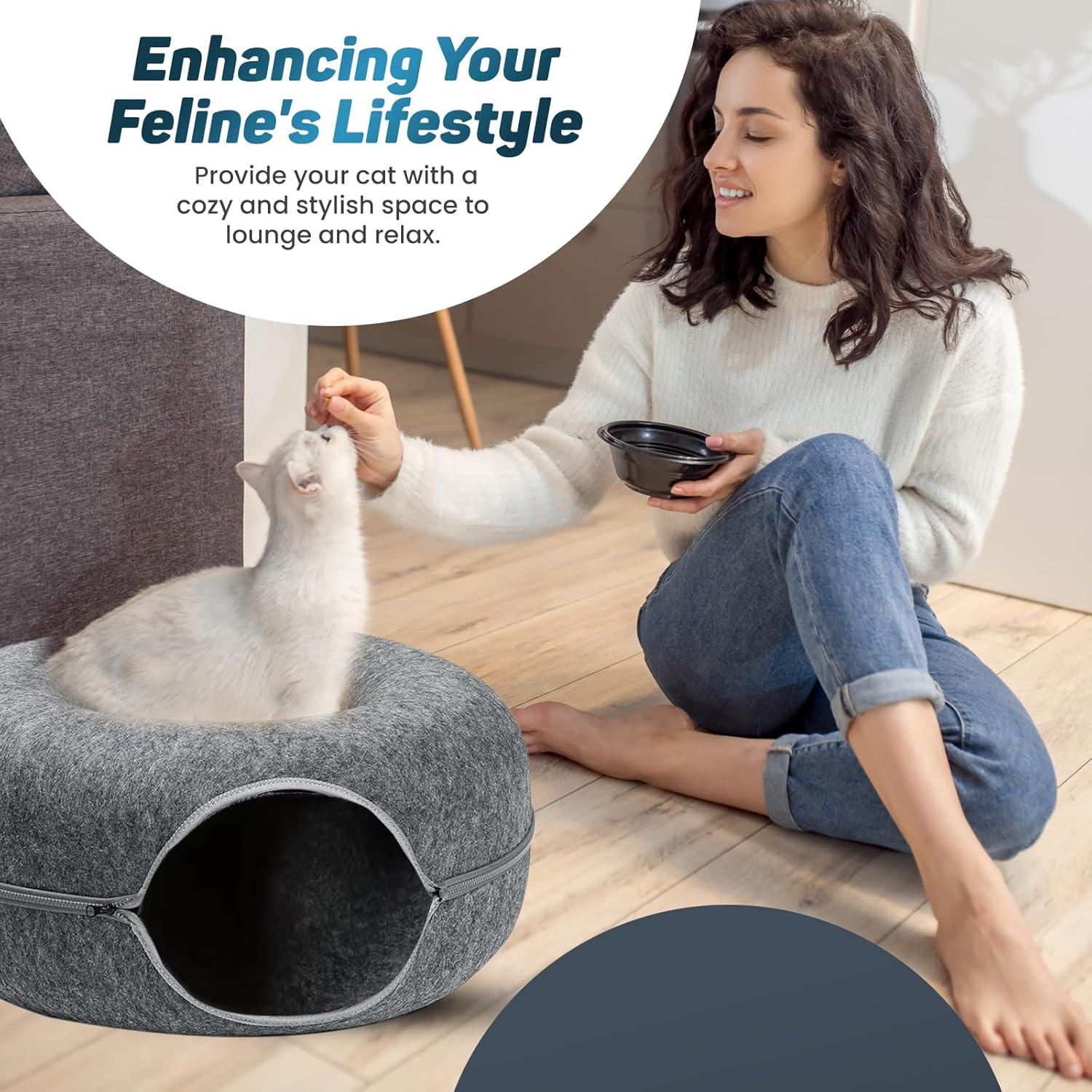 Peekaboo Cat Cave For Multiple & Large Cats Up To 30-45 Lbs, Scratch Detachable & Washable Tunnel Bed, Comfy Donut Cat Cave