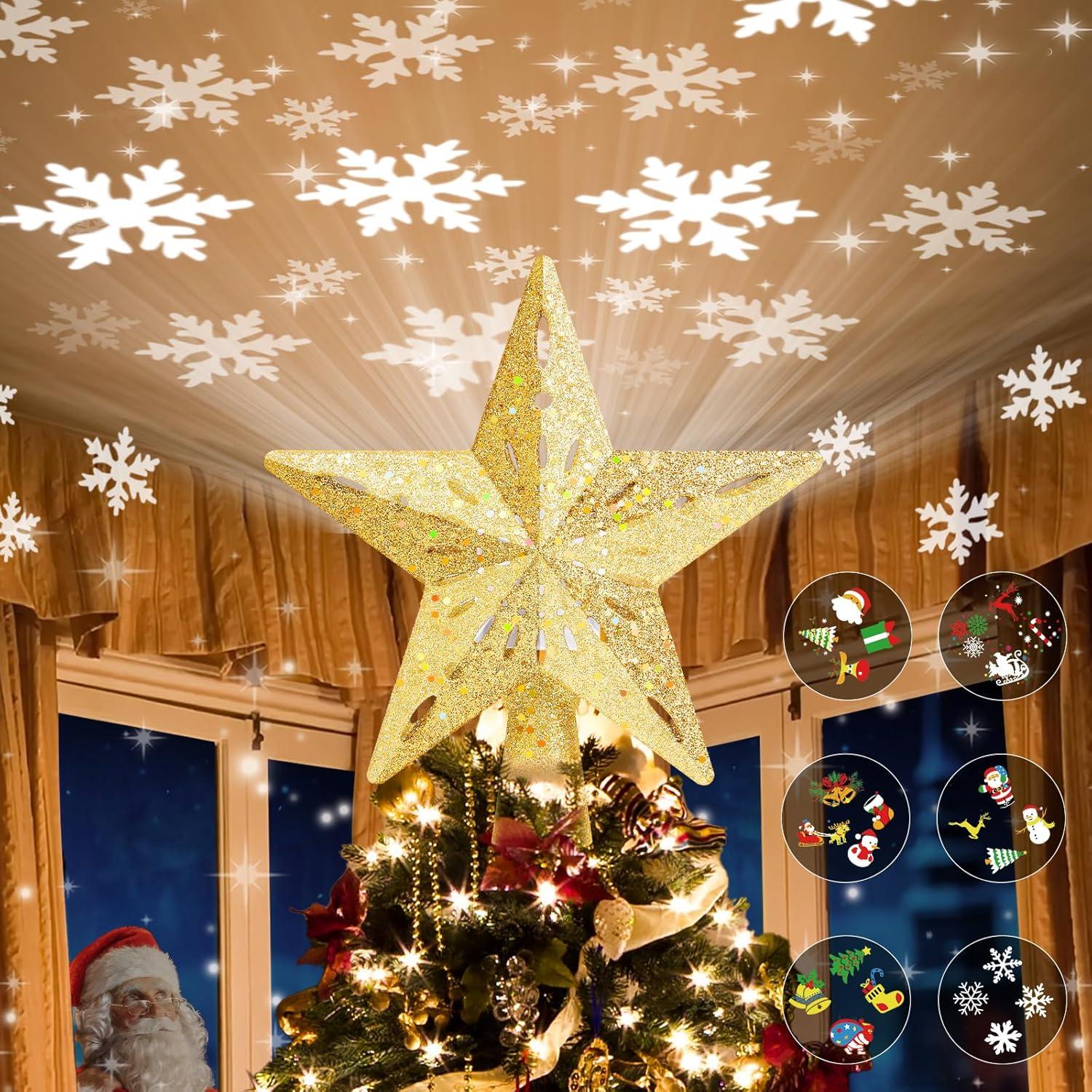 HOUFIY Christmas Tree Topper Lighted with 6 Projection Modes Star Tree Topper Built-in LED Rotating 3D Lighted Glitter Star Decorations Projector Tree Topper for Christmas Tree