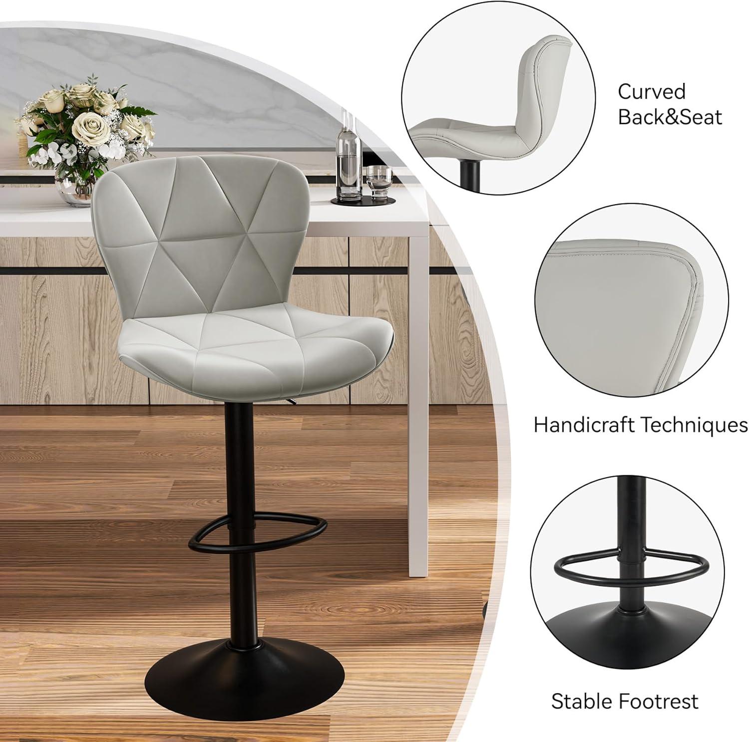 Modern Bar Stools Set of 2, Adjustable Faux Leather Upholstered Swivel Counter Stools, Light Grey