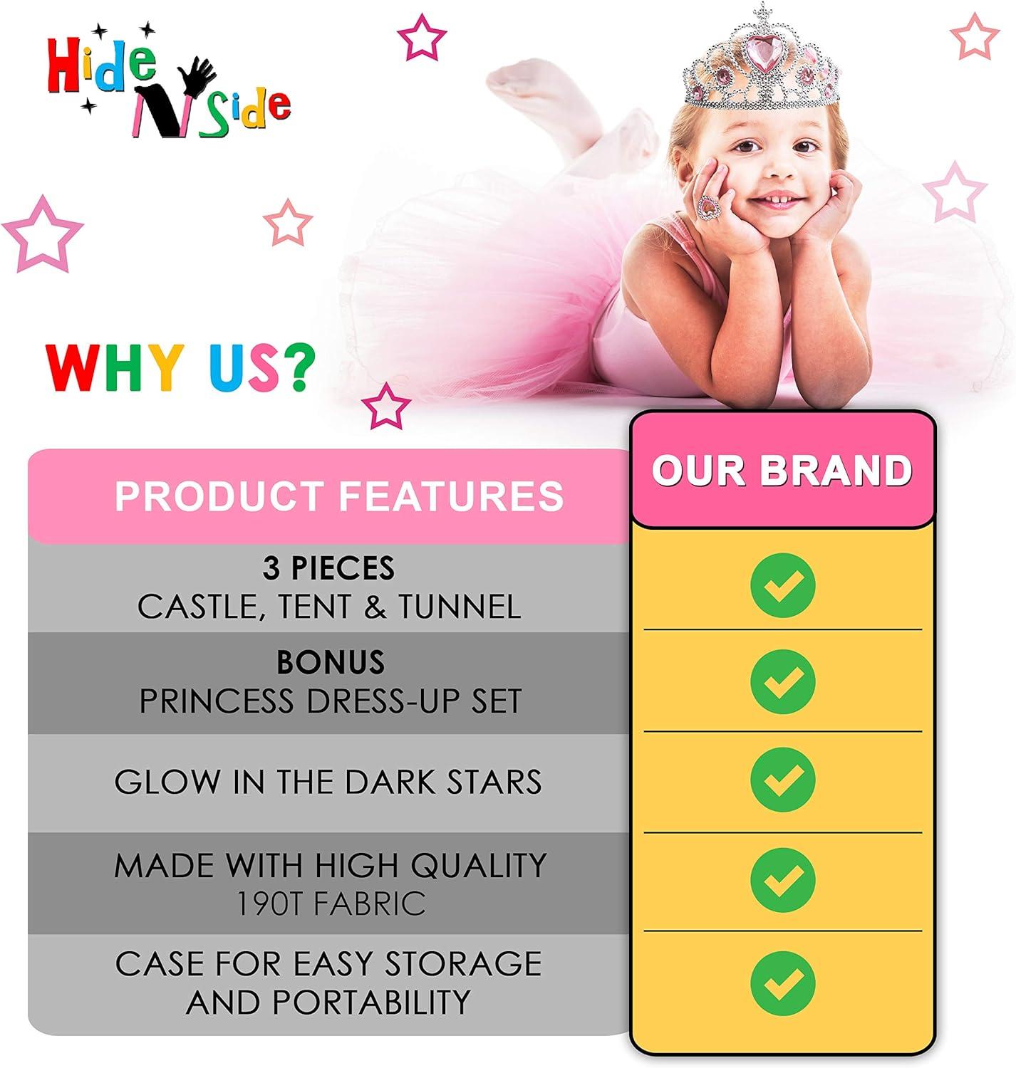 Gift for Girls Princess Tent with Tunnel Kids Castle Playhouse & Princess Dress up Pop Up Play Tent Set Toddlers Toy Birthday Gift Present for Age 2 3 4 5 6 7 Years Glow in The Dark Stars In