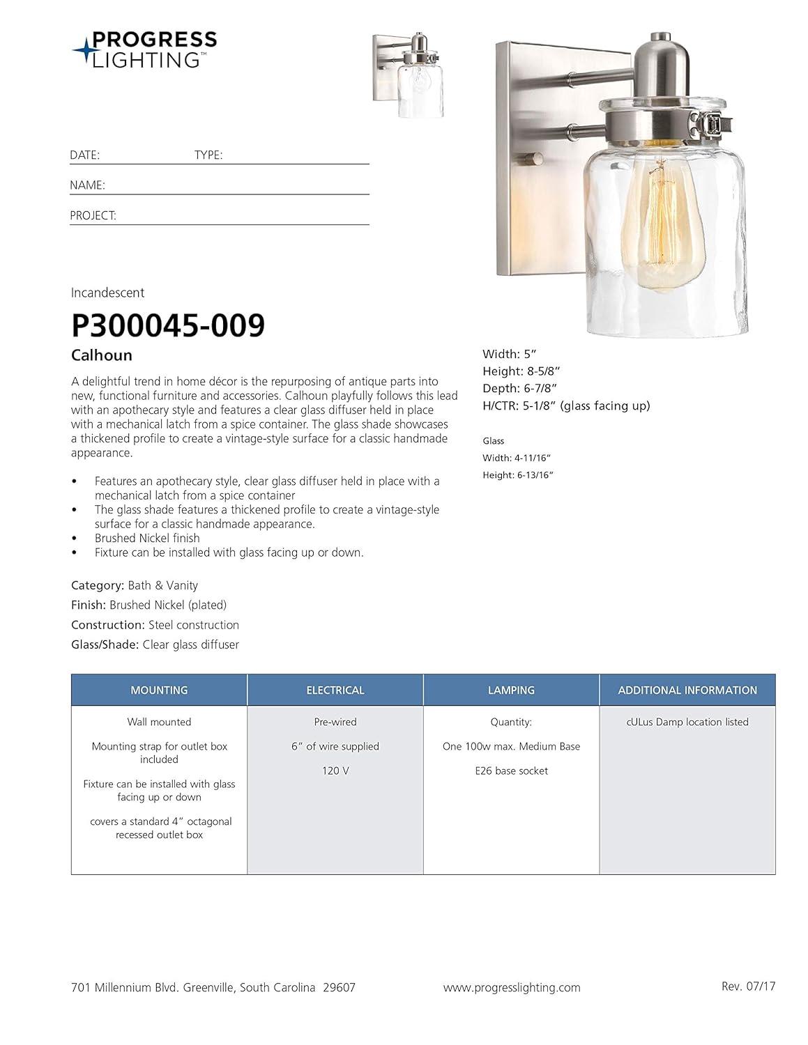 Progress Lighting Calhoun Collection 1-Light Bath & Vanity Wall Light, Brushed Nickel, Clear Glass Shade