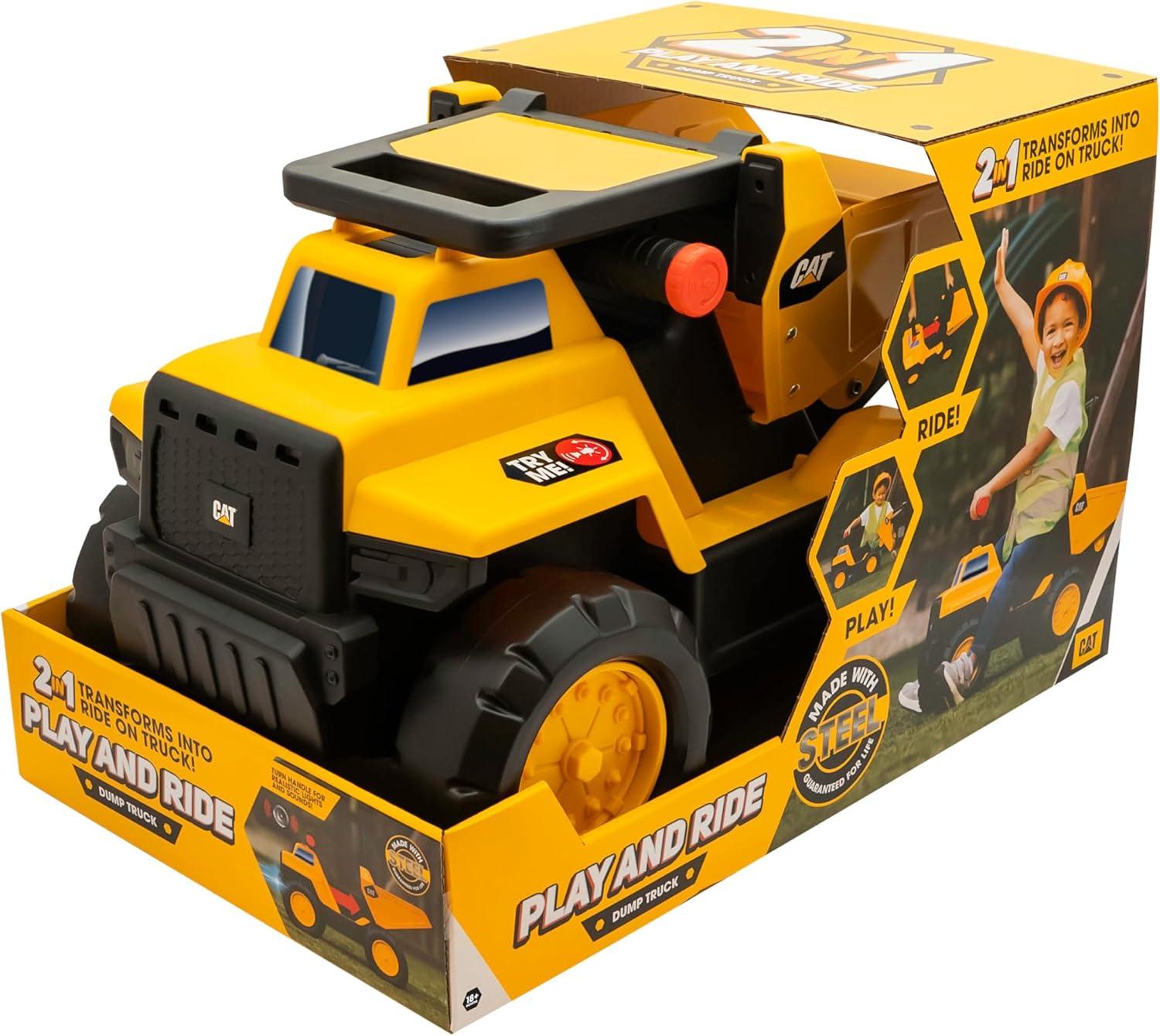 CAT Construction Toys, Play and Ride Transforming Steel Dump Truck - Ride On or Classic Play - Real Working Dump Bin - Ideal for 18 months -Built to Last