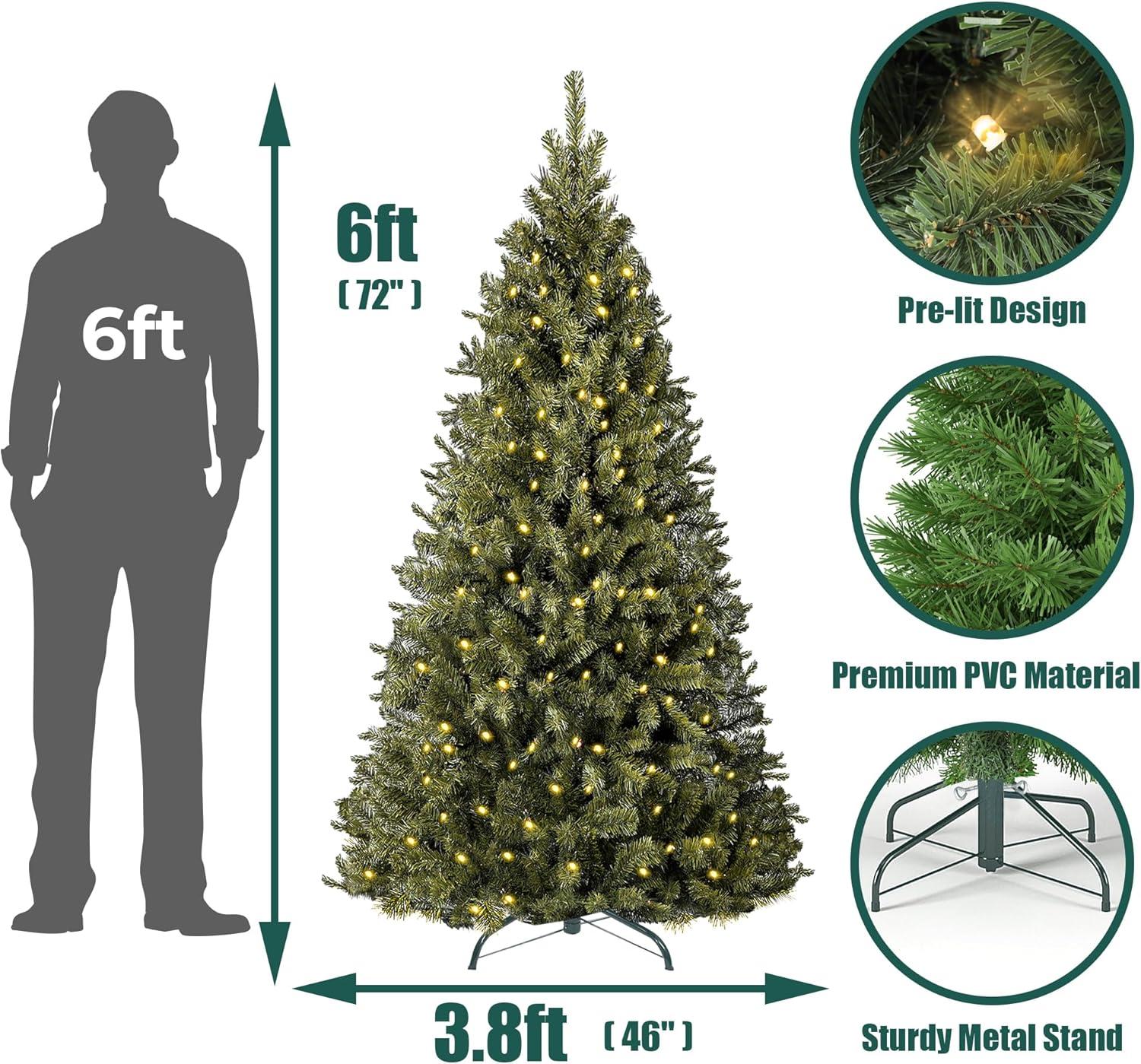 6ft Pre-Lit Christmas Tree, Green Artificial Full Spruce Christmas Tree for Home, Office, Party Decoration w/ 928 Branch Tips, 250 Warm White & Multi-Color Lights, Metal Hinges & Base,Green 6ft