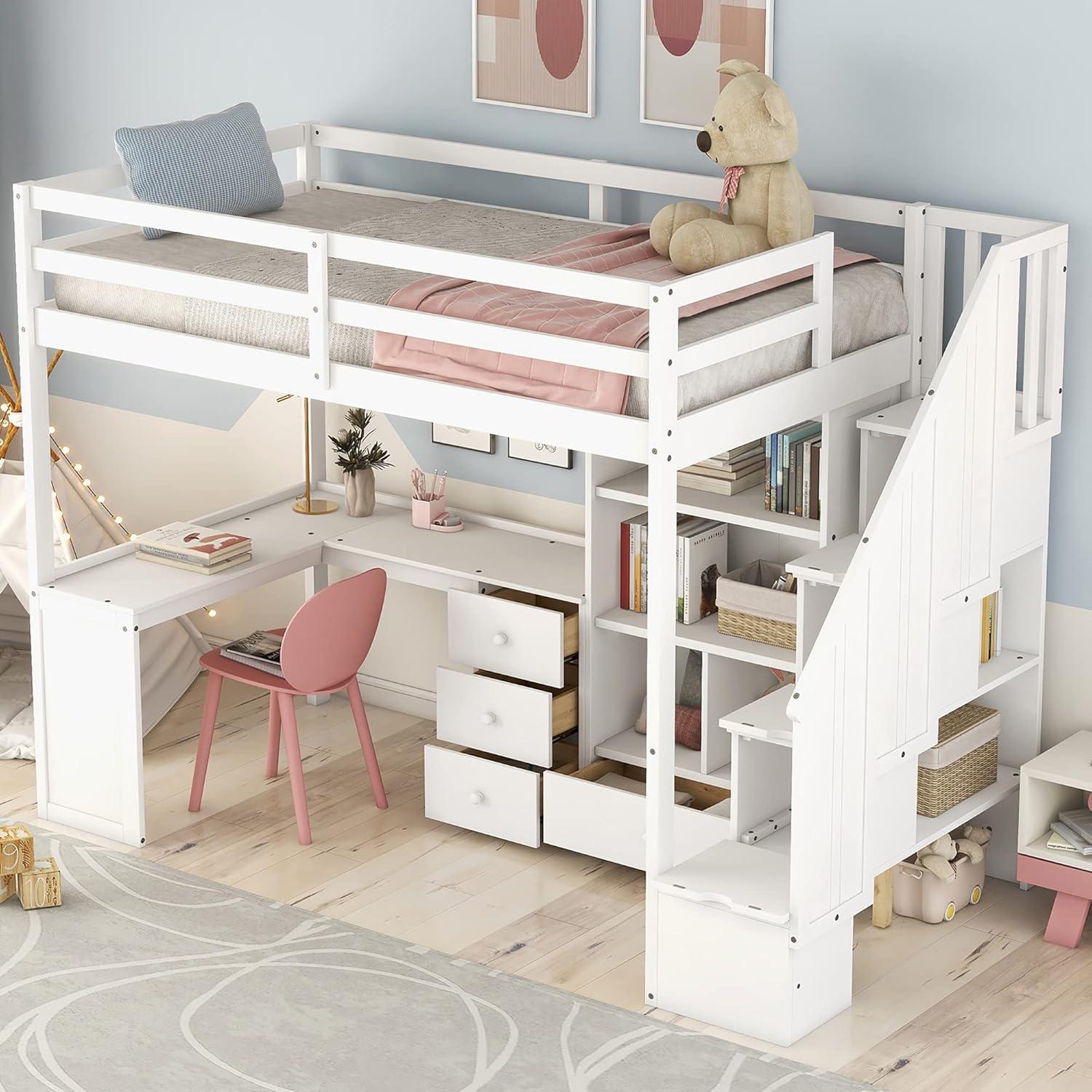 Bellemave Twin Size Loft Bed with Desk and Stairs Wood Loft Beds with Storage Cabinet and Bookcase High Loft Bed Frame with Staircase Shelves for Kids, Teen, Boys, Girls, White