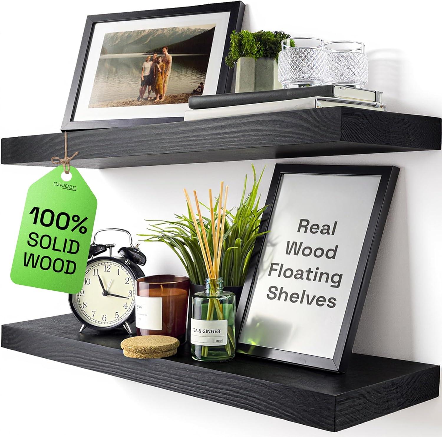 Baobab Workshop Solid Wood Floating Shelves, Wooden Shelves for Wall (Set of 2)