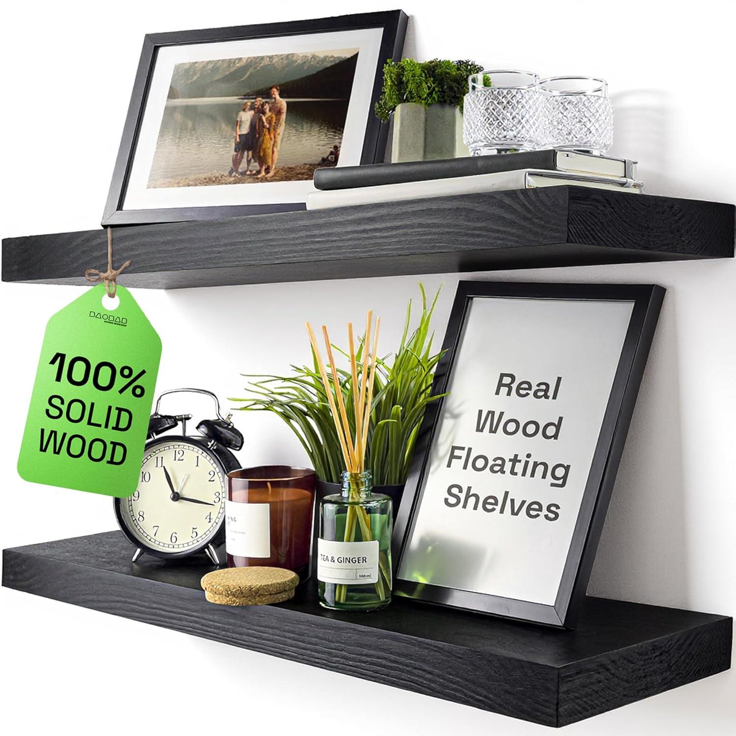 Baobab Workshop Solid Wood Floating Shelves, Wooden Shelves for Wall (Set of 2)