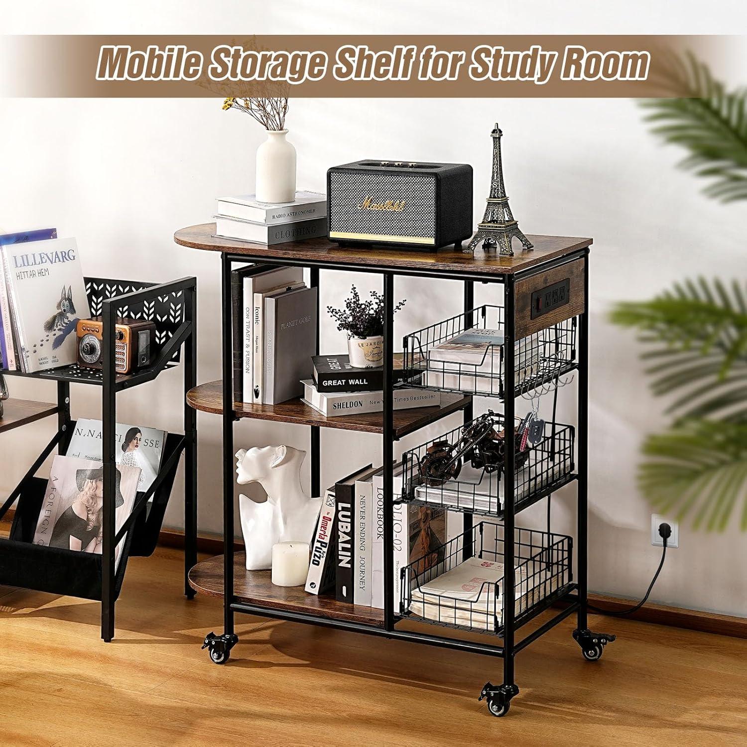 Kitchen Bakers Rack with Power Outlet, Microwave Stand with 3 Pull-Out Fruit Basket Storage, Coffee Bar Carts Table on 4 Wheels, 6 S-Hook Storage Shelf for Spice Rack Organizer Workstation, 33.9 inch