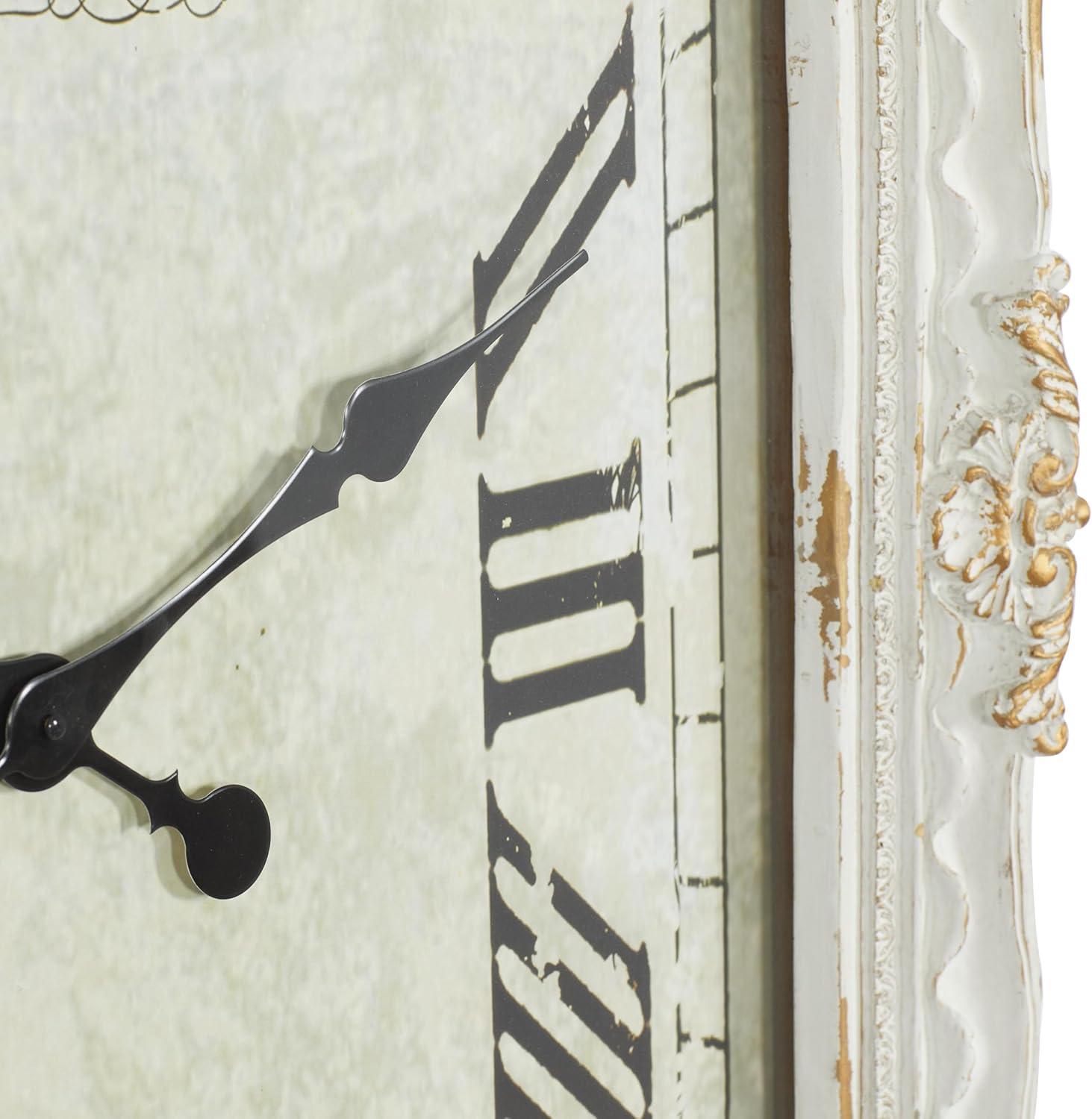 DecMode 27" x 36" White Wood Floral Carved Acanthus Wall Clock with Distressing