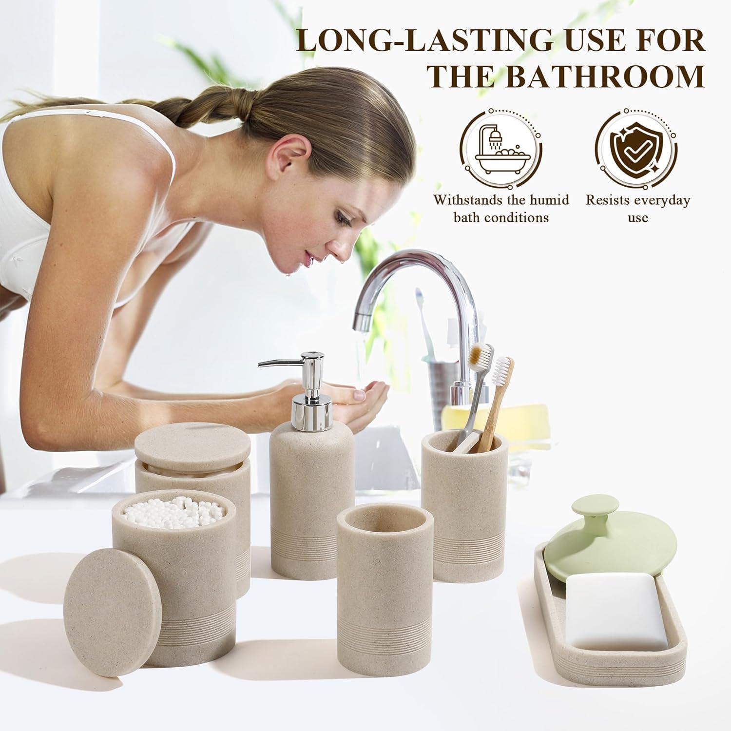 Beige Stone Textured 6-Piece Polyresin Bathroom Accessory Set