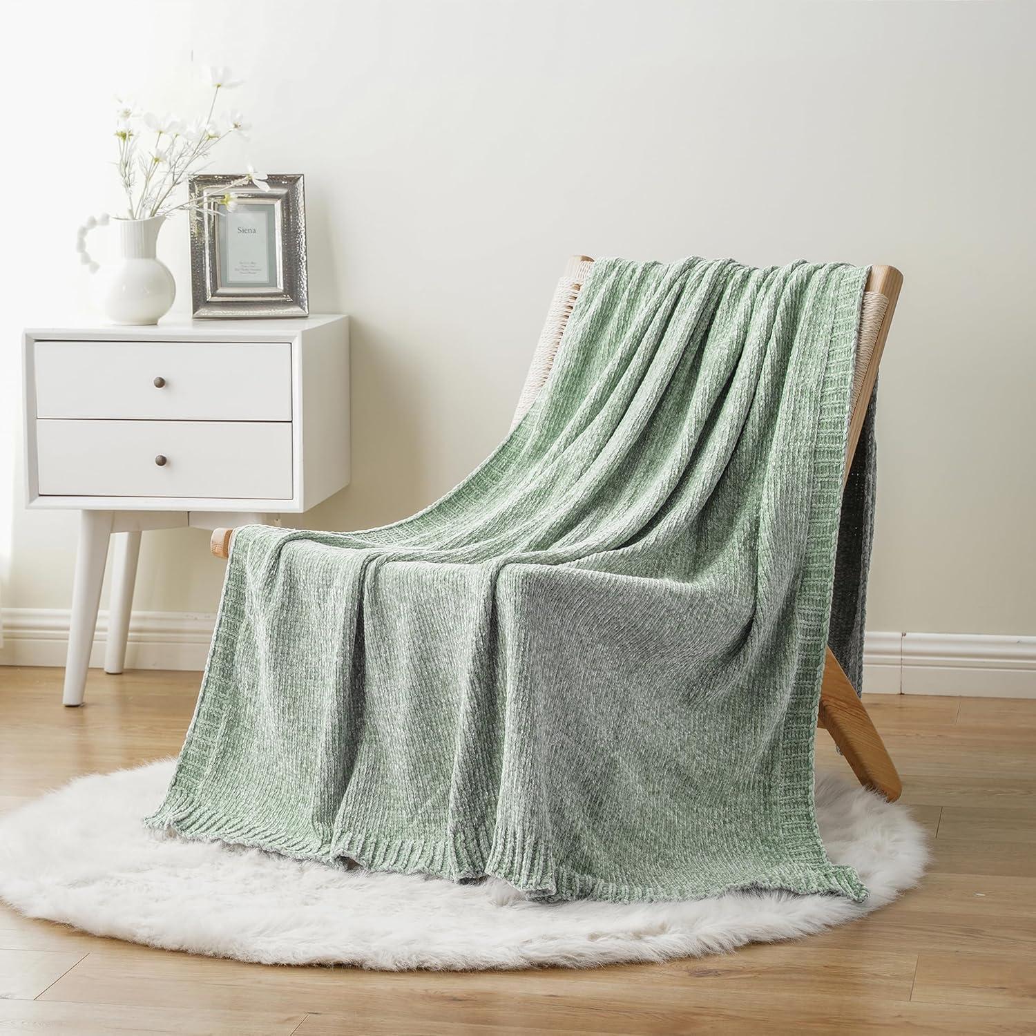 Sage Green Chenille Knit Throw Blanket for Couch, 51"x67"