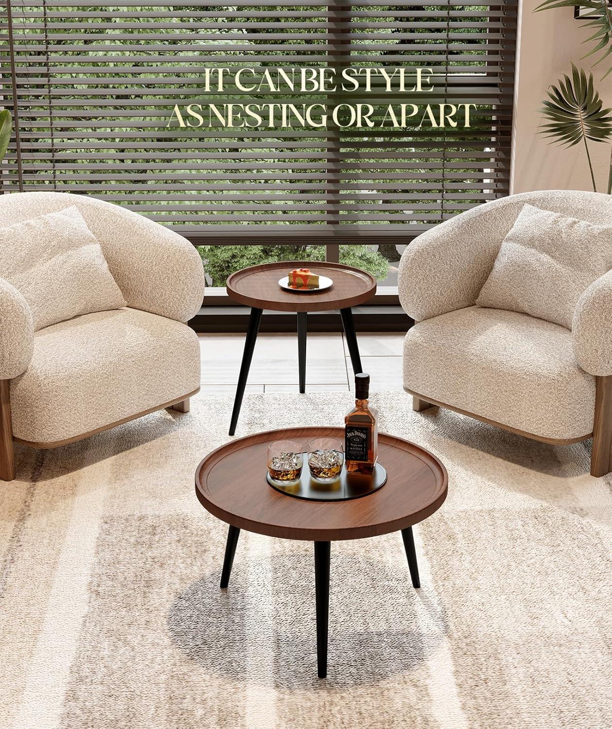 2-Piece Modern Round Coffee Table Set for Living Room,Easy Assembly Nesting Coffee Tables,Walnut Color Circle End Side Tables for Bedroom Office Balcony Yard