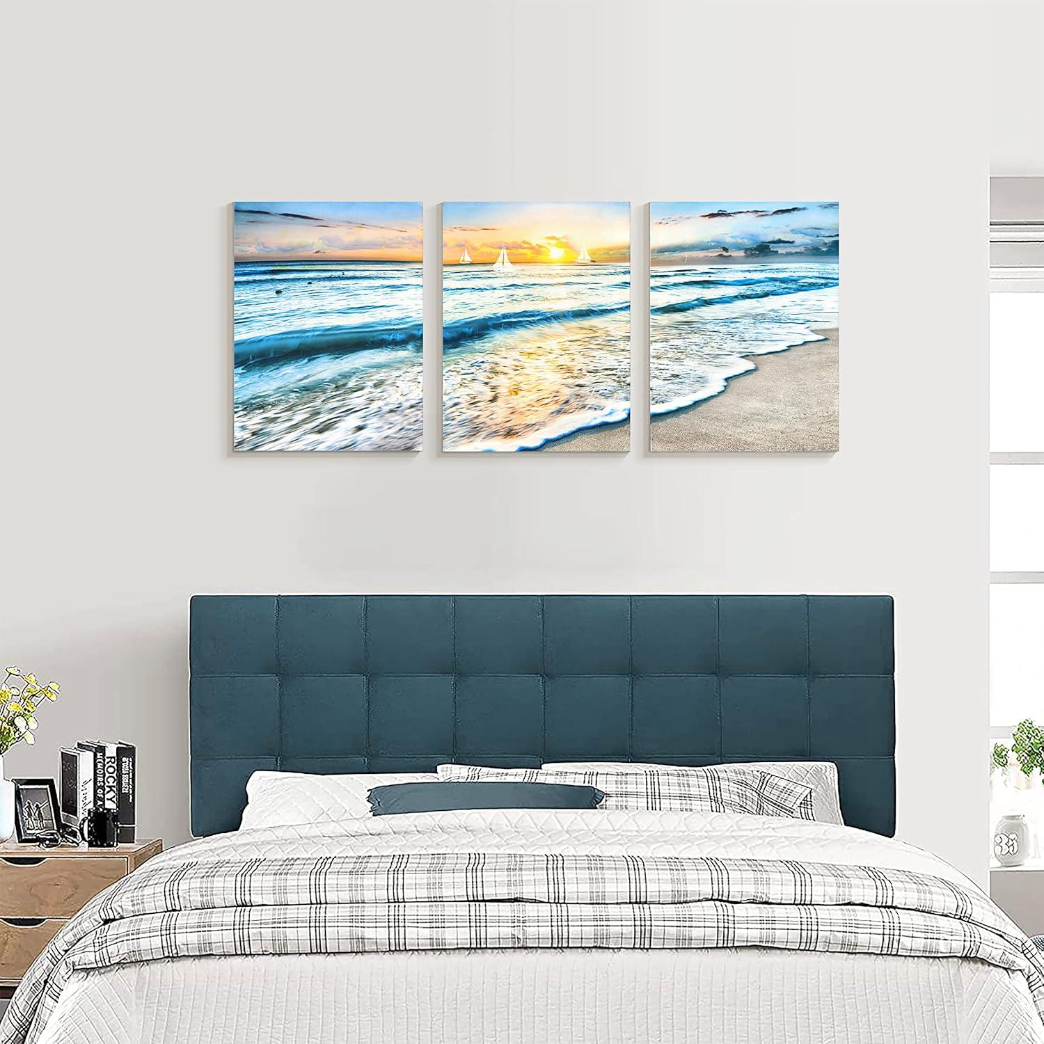 Asdg12s-3 Panel Wall Art Blue Sea Sunset White Beach Painting The Picture Print On Canvas Seascape The Pictures for Home Decor Decoration,Ready to Hang