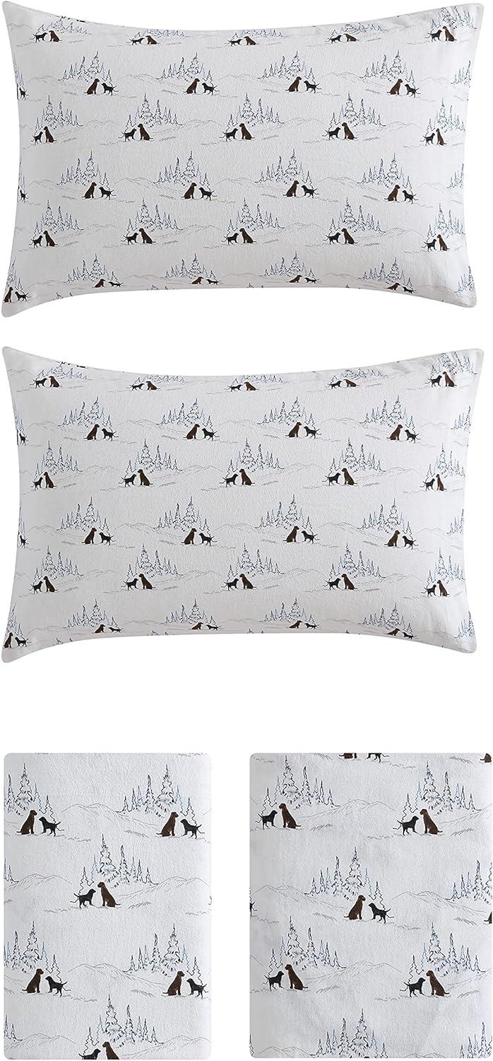 Twin White Cotton Flannel Sheet Set with Dog Print