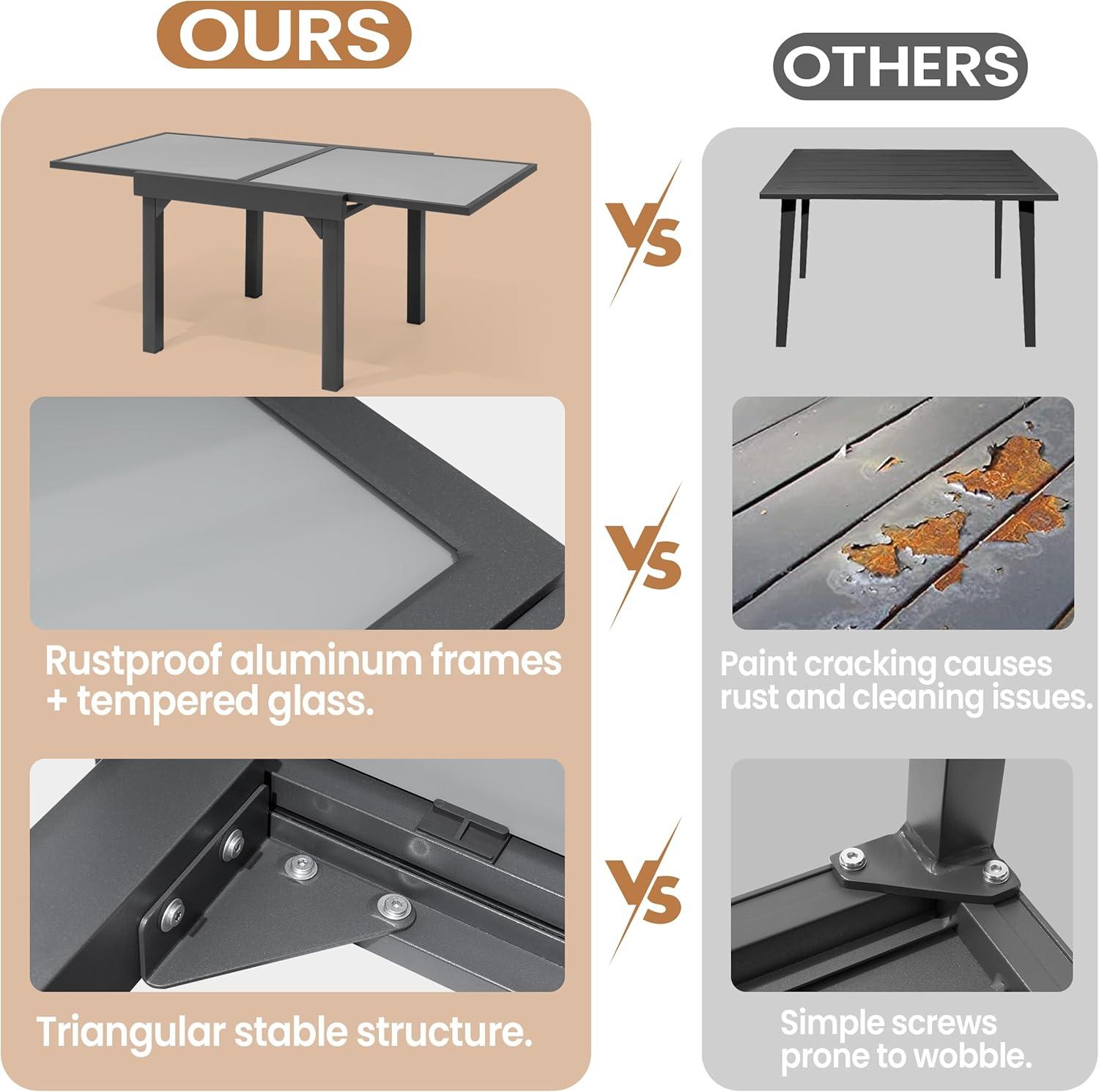 Modern Aluminum Outdoor Dining Table - Expandable Patio Glass Dining Table for 6-8, Extendable Aluminum Patio Extender Table 35" to 70" for Backyard, Porch, Deck, Garden, Tempered Glass Gray