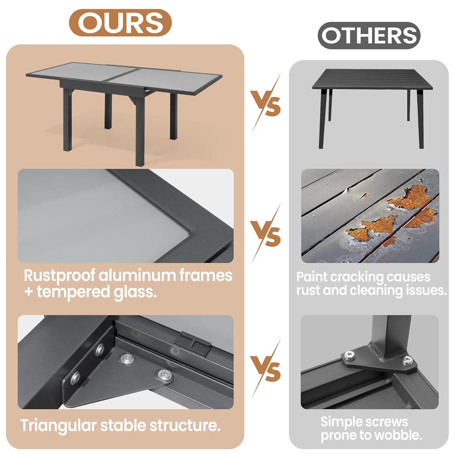 Modern Aluminum Outdoor Dining Table - Expandable Patio Glass Dining Table for 6-8, Extendable Aluminum Patio Extender Table 35" to 70" for Backyard, Porch, Deck, Garden, Tempered Glass Gray