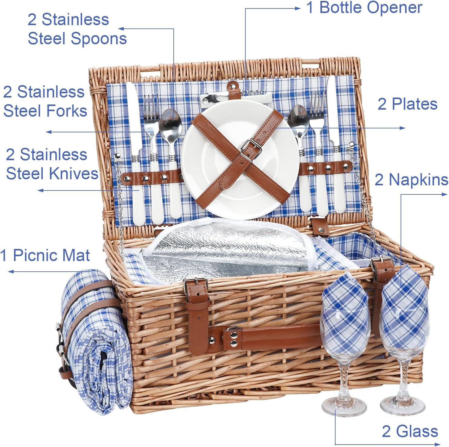 Wicker Picnic Basket Set for 2 Persons with Waterproof Picnic Blanket and Large Insulated Cooler Compartment, Willow Picnic Hamper Basket with Cutlery Service Kits for Camping, Wedding (Red)