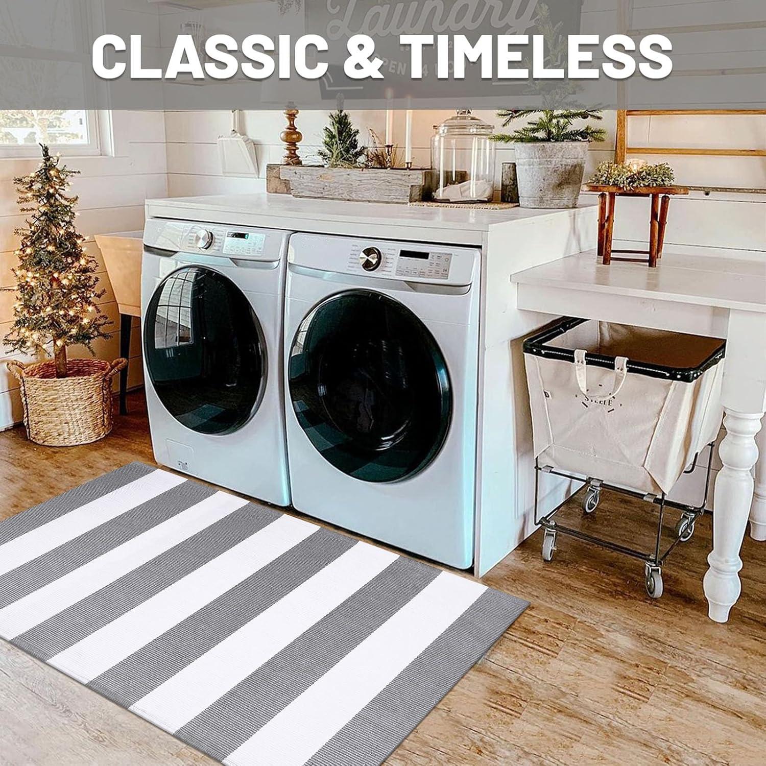 IOHOUZE Navy and White Striped Rug 2'x3' Front Door Rugs, Small Washable Area Rug for Front Porch, Spring Summer Doormats Outdoor Indoor, Cotton Rugs for Entryway Porch Entrance