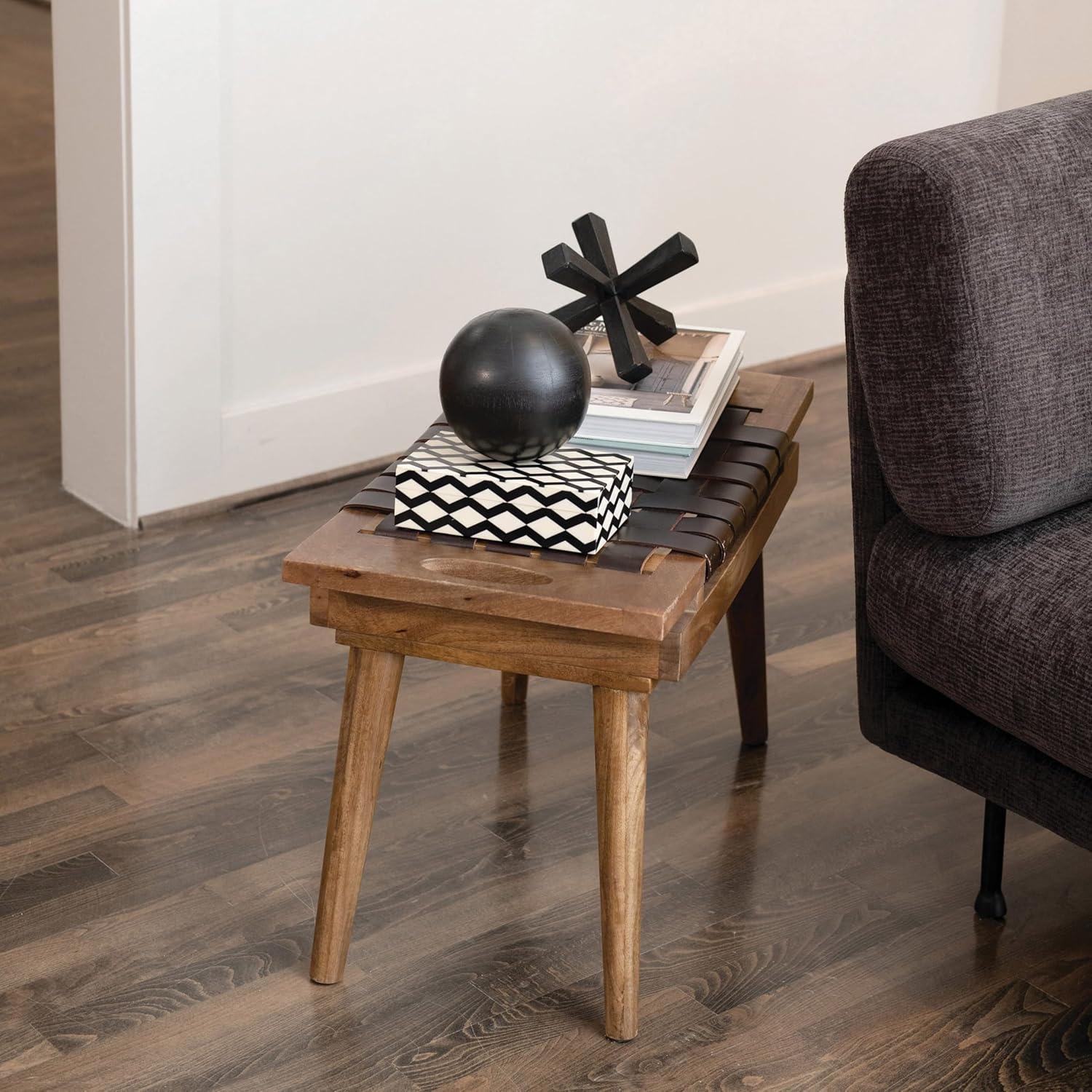 Storied Home Mango Wood Stool Brown: Leather Seat, No Assembly, 17.75" Height, Accent Chair