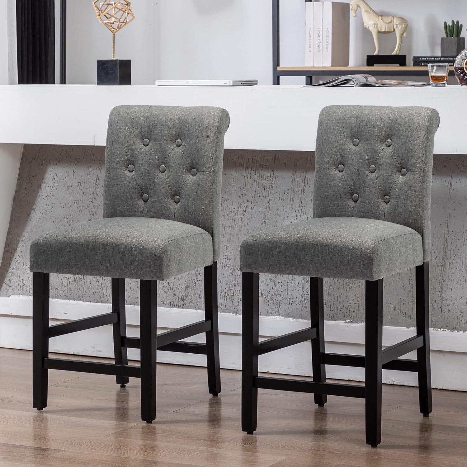 Xayoca 24 Inches Upholstered Counter Height Bar Stools Kitchen Island Chairs Padded Barstools with Button-Tufted Back and Solid Wood Legs Set of 2（Gray）